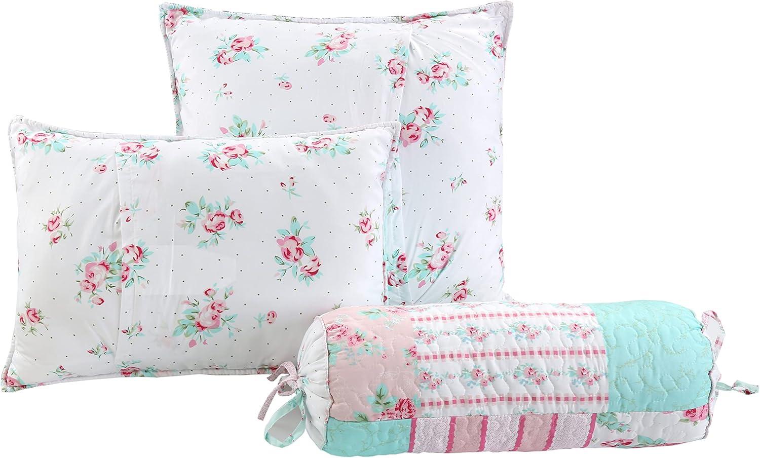 Floral Pink and Blue Polyester 3-Piece Throw Pillow Set