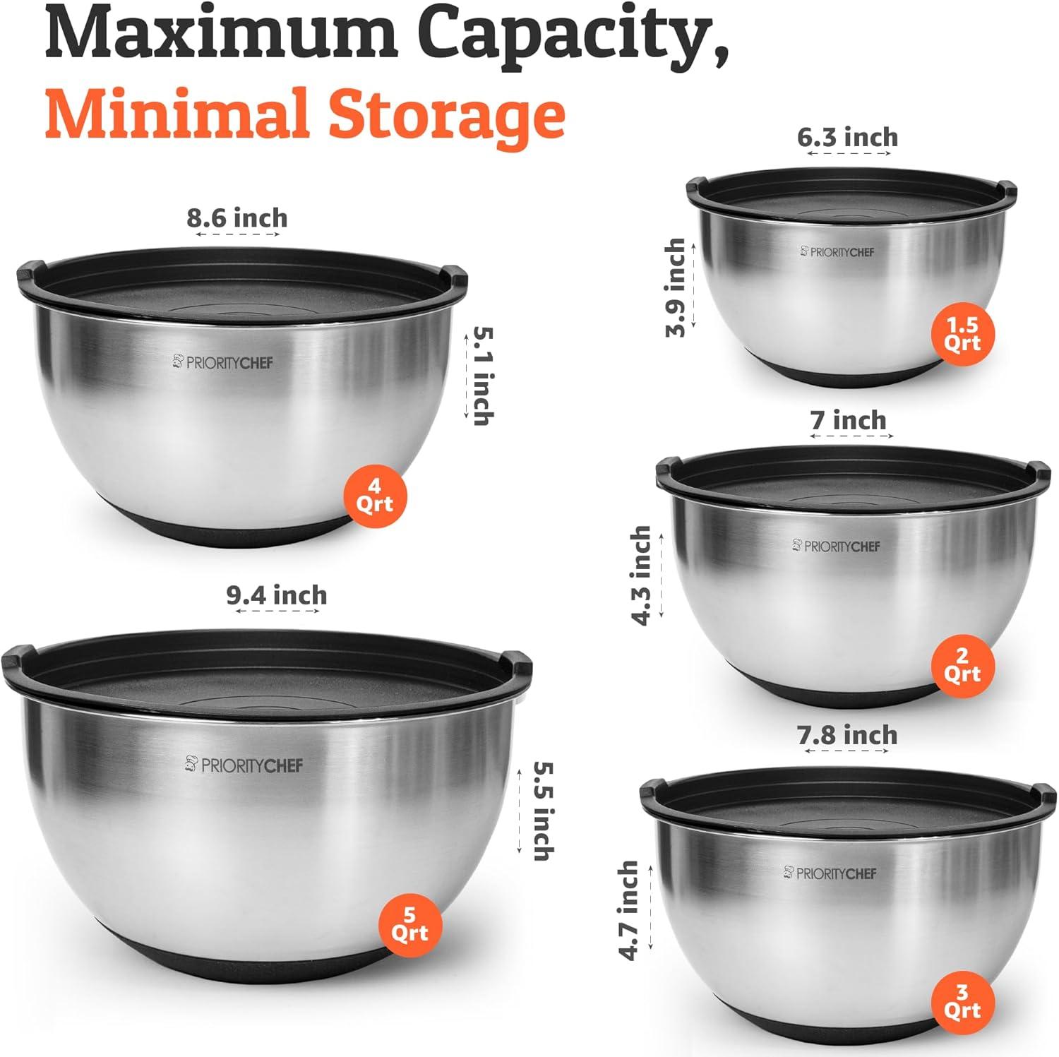 Premium Stainless Steel Mixing Bowls With Airtight Lids - Thick Metal Nesting Bowls For Kitchen, 1.5/2/3/4/5 Quart, Black