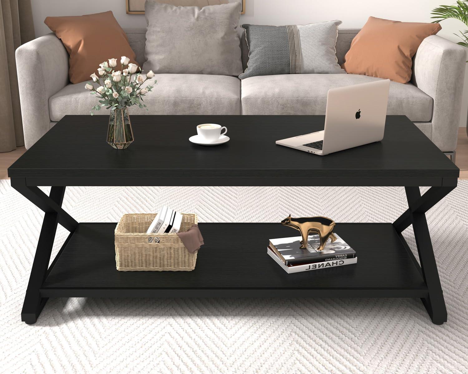 Black Oak 47" Rectangular Coffee Table with Storage Shelf