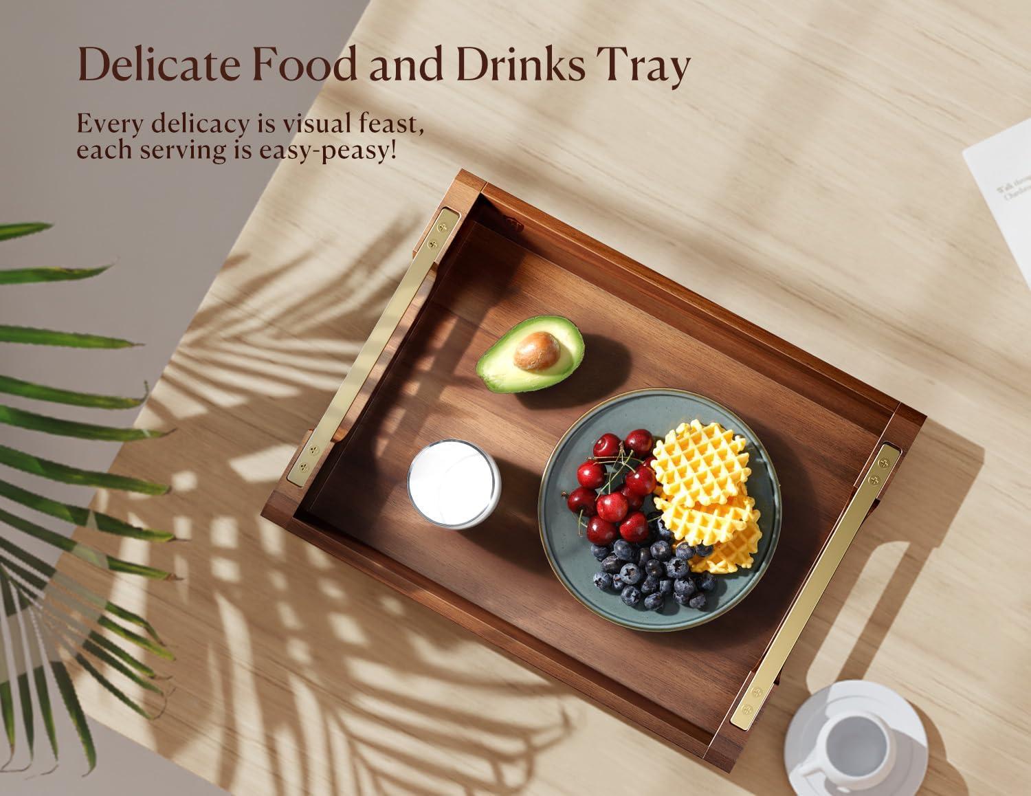 Acacia Wood Serving Tray With Metal Handles, 17X13in Food Drinks Tray For Coffee Table, Breakfast, Dinner & Bar, Rustic Decorative Storage Tray For Ottoman, Kitchen, Bedroom Gift Packaging