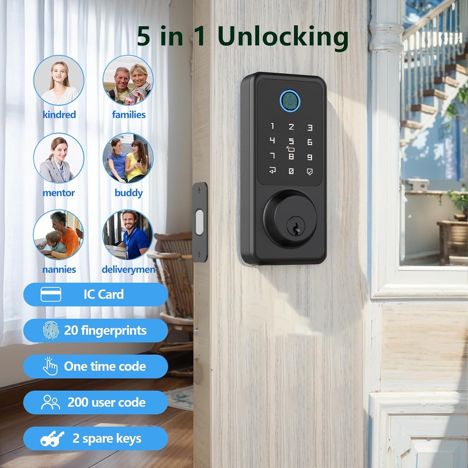 Smart Lock, Fingerprint Door Lock, Electronic Door Lock, Touchscreen Keypad Deadbolt, Black