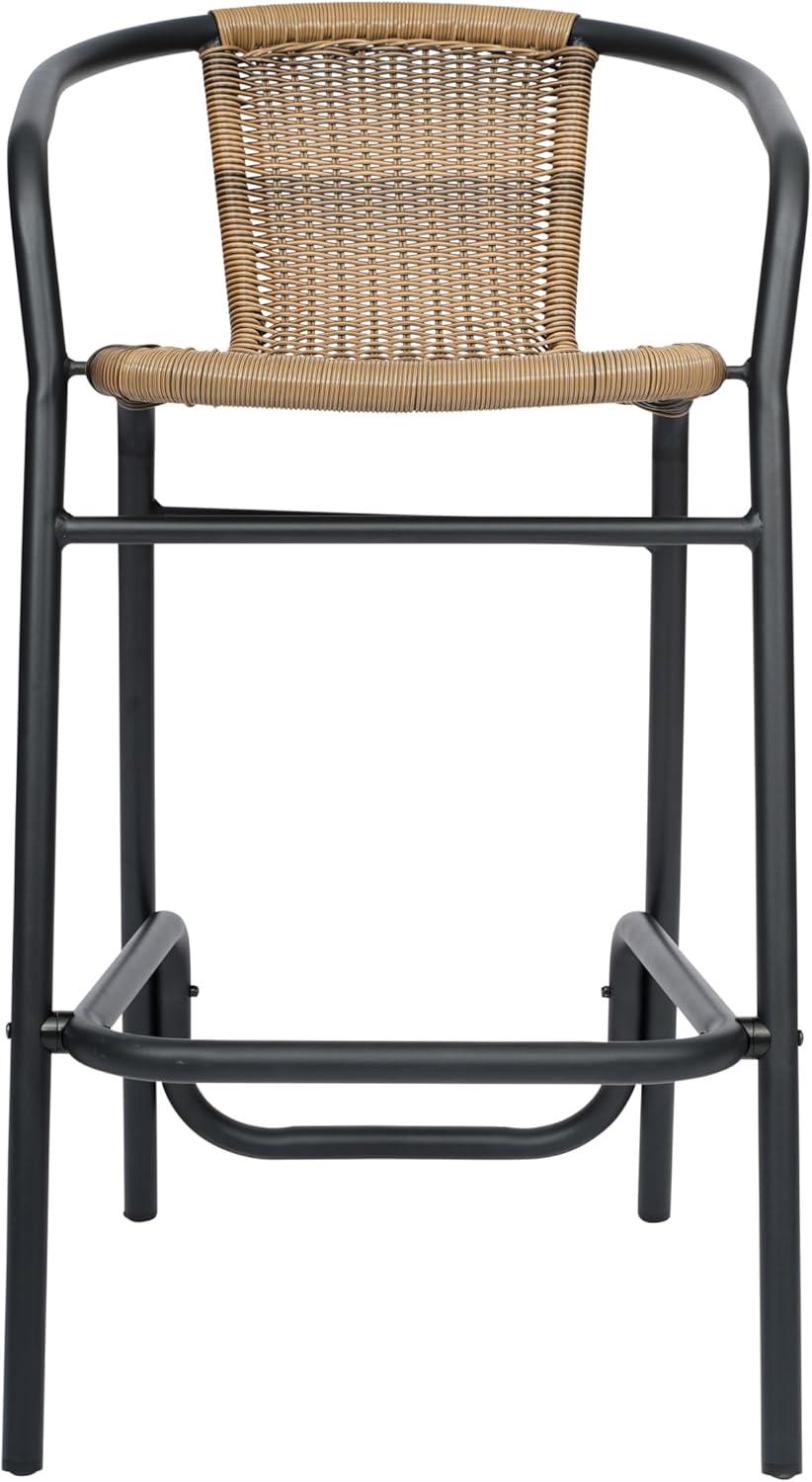 Flash Furniture Lila Set of 2 Commercial Grade Indoor-Outdoor PE Rattan Restaurant Barstool with Black Aluminum Frame and Footrest in Medium Brown
