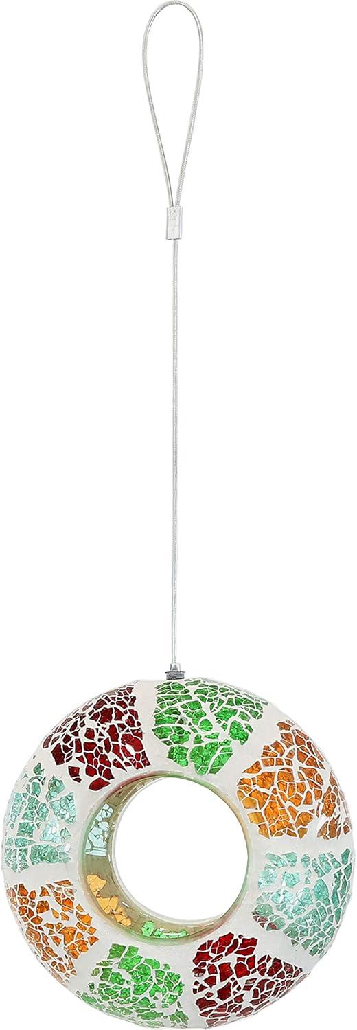 Sunnydaze Outdoor Garden Patio Round Glass with Summery Mosaic Design Hanging Fly-Through Bird Feeder - 6" - Red, Orange, Green, and Light Blue