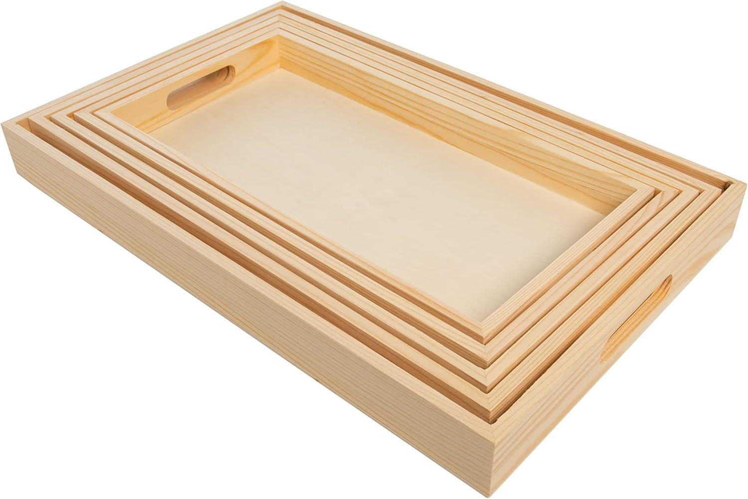 Natural Wood Rectangular Nested Serving Trays with Handles, Set of 5