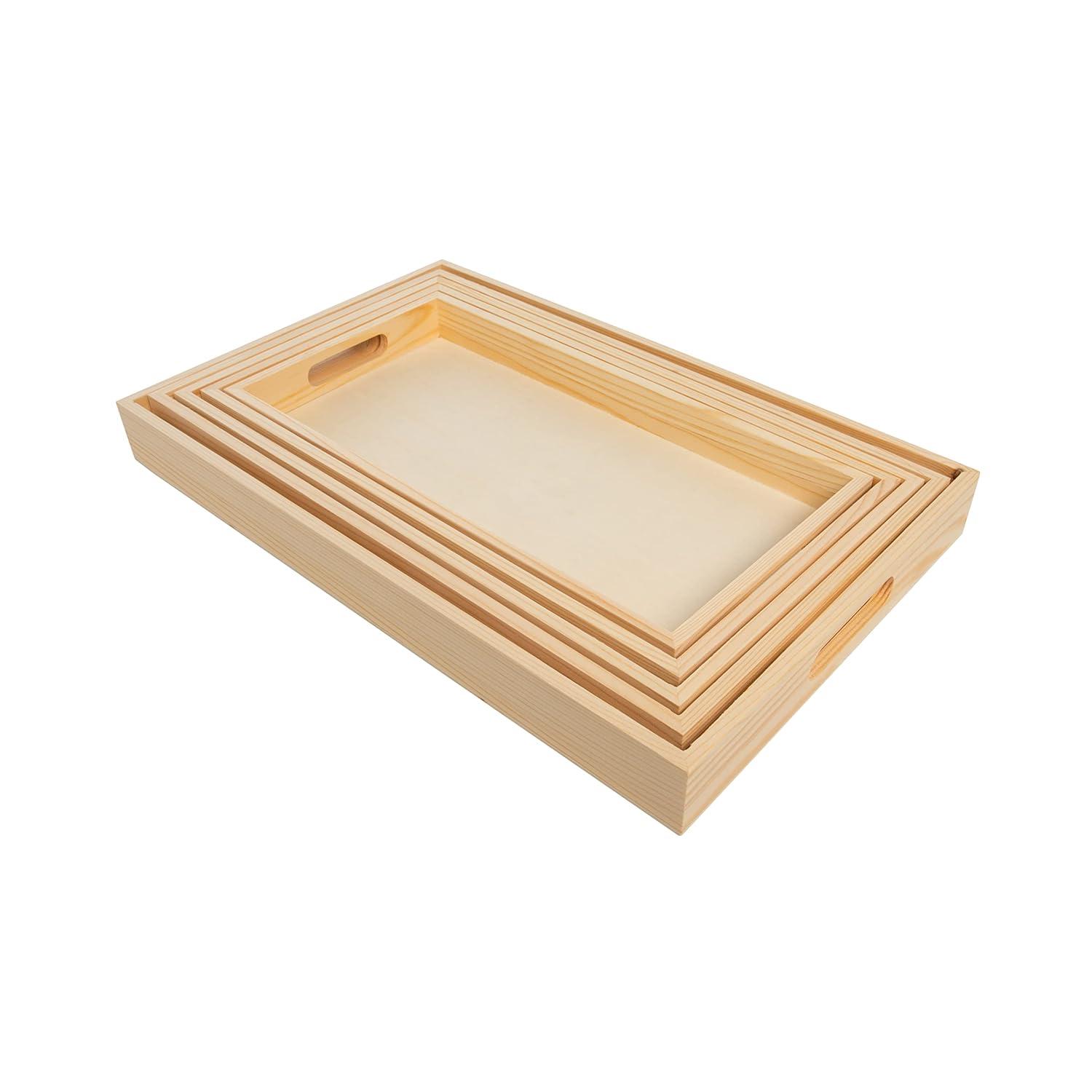 Natural Wood Rectangular Nested Serving Trays with Handles, Set of 5