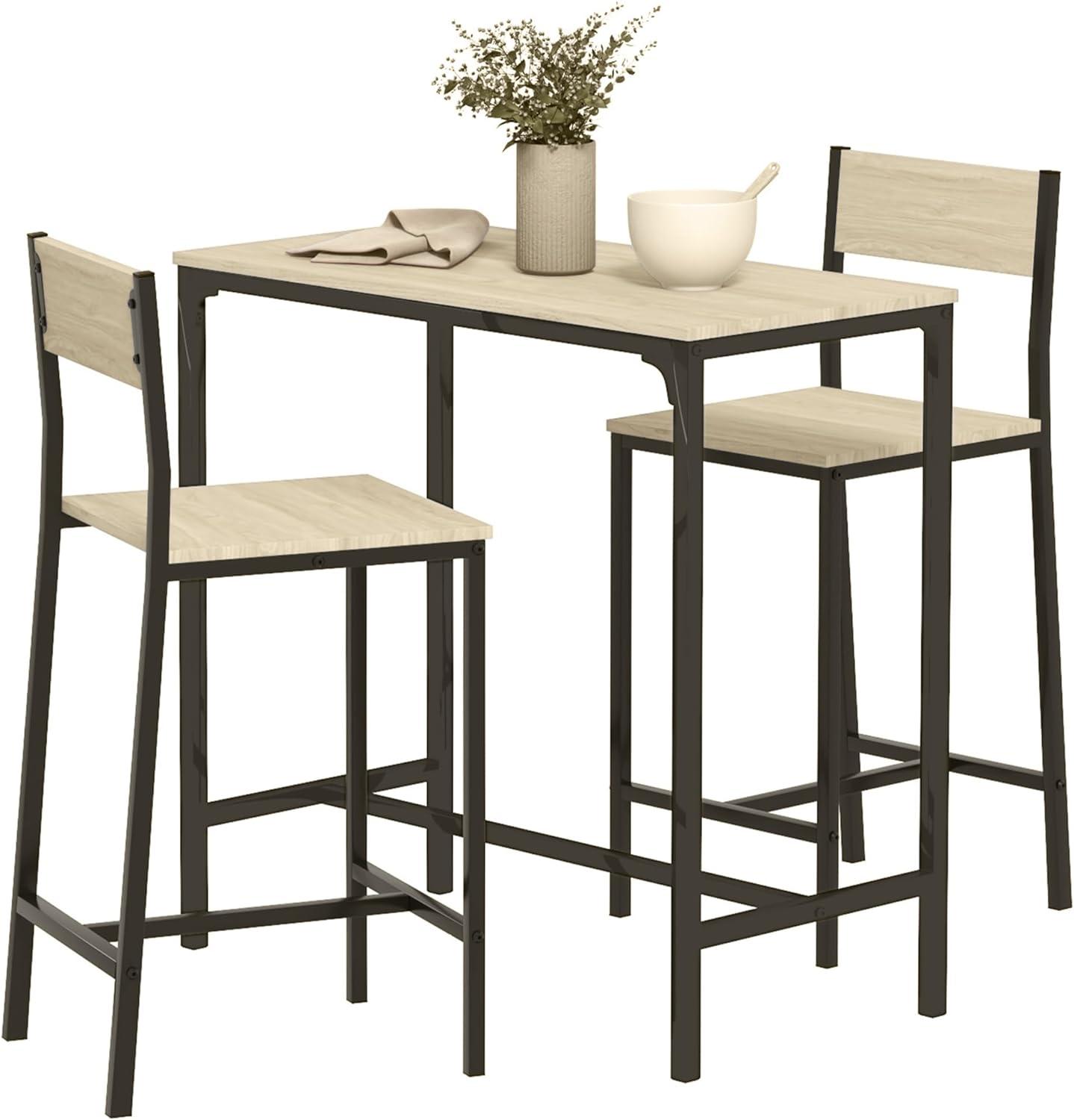 Oak and Black 3-Piece Industrial Pub Table Set with High-Back Stools