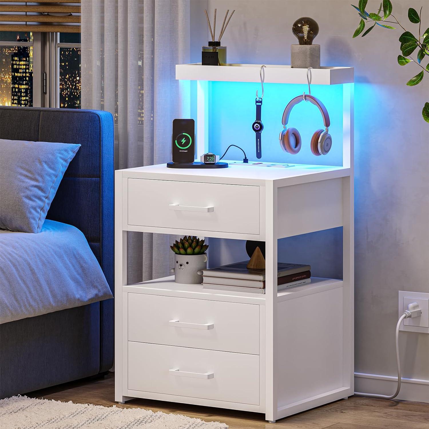 White Modern 3-Drawer Nightstand with LED Lights and Charging Station