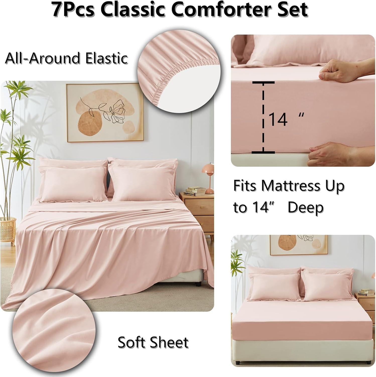 CozyLux Pink Comforter Set Queen - 7 Pieces Bed in a Bag Toddler Girls Comforter Set Teen Girl Bedding Sets with All Season Quilted Comforter, Flat Sheet, Fitted Sheet, Pillowcases, Blush Pink