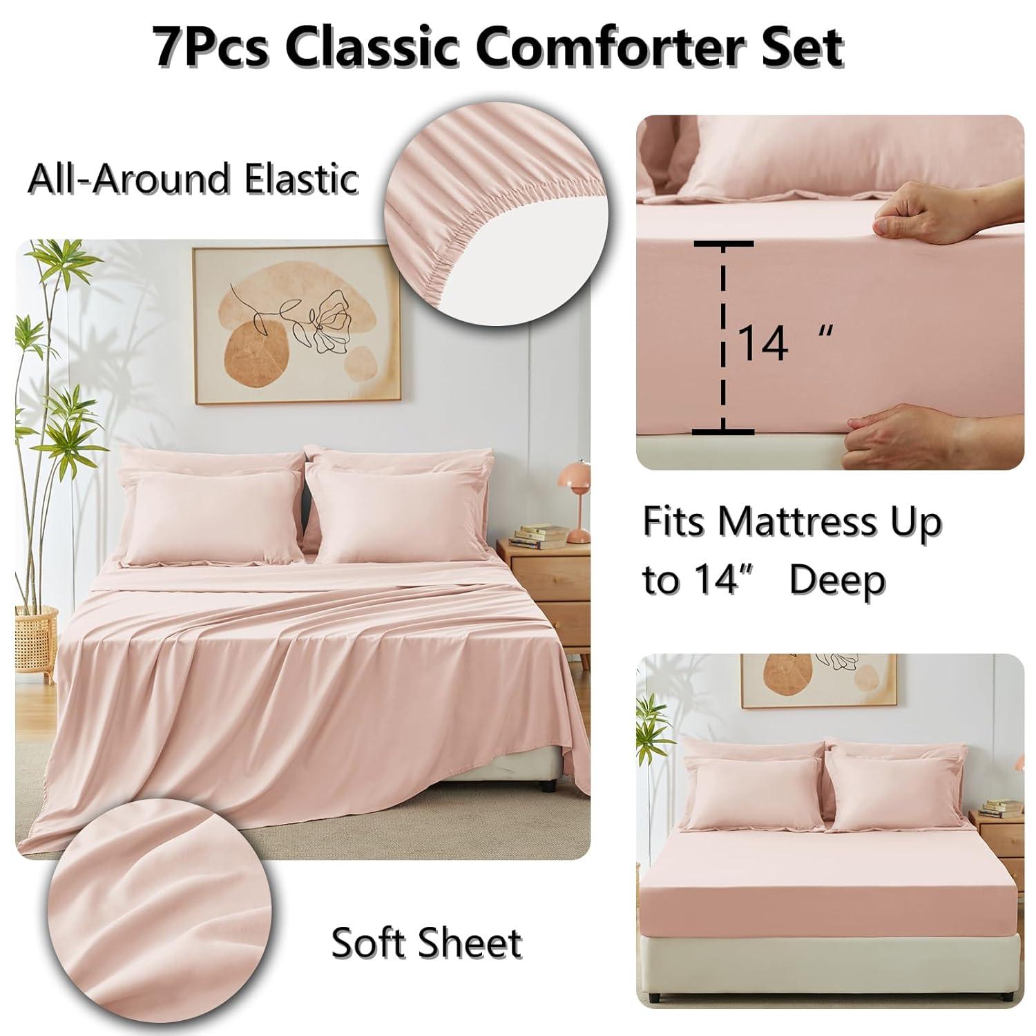 Anluoer Queen Comforter Set 7 Piece, Pink Bed in a Bag with Comforters, Pillow Shams, Pillowcases, Flat Sheet, Fitted Sheet