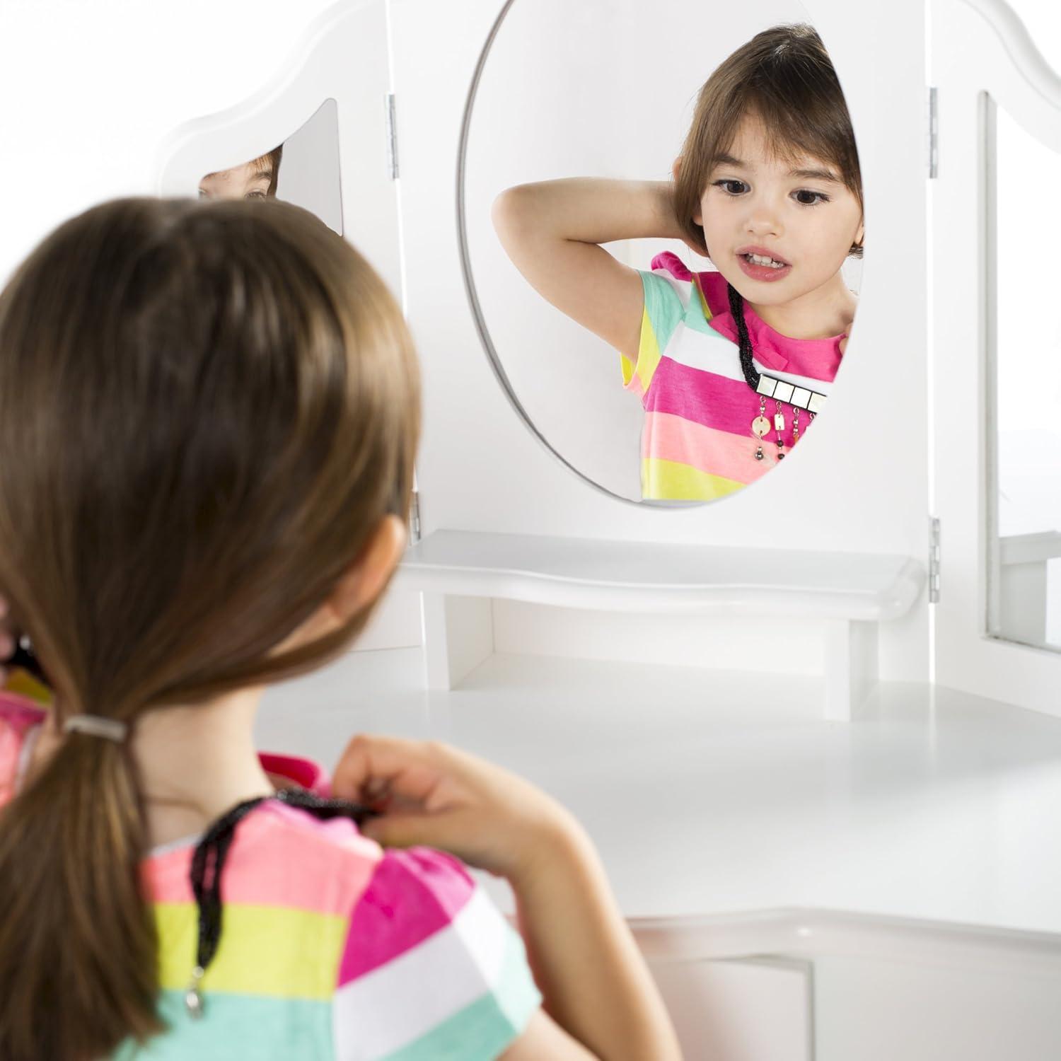 Classic White Wooden Kids Vanity Set with Bench and Mirror