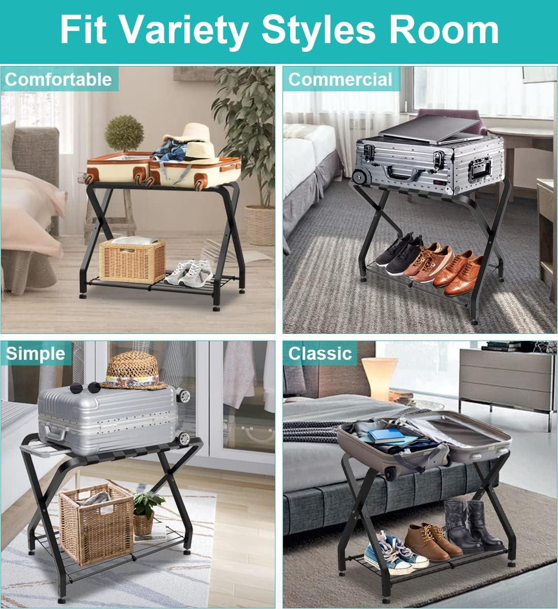 BINO Folding Luggage Rack With 2-Tiers Storage Shelf, Foldable Steel Frame Luggage Organizers For Suitcase, Metal Luggage Holder For Guest Room, Bedroom, Hotel, Closet, Black, 1Pack