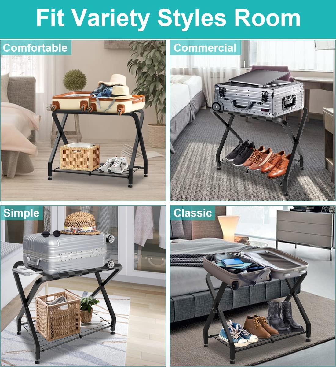 BINO Folding Luggage Rack With 2-Tiers Storage Shelf, Foldable Steel Frame Luggage Organizers For Suitcase, Metal Luggage Holder For Guest Room, Bedroom, Hotel, Closet, Black, 1Pack