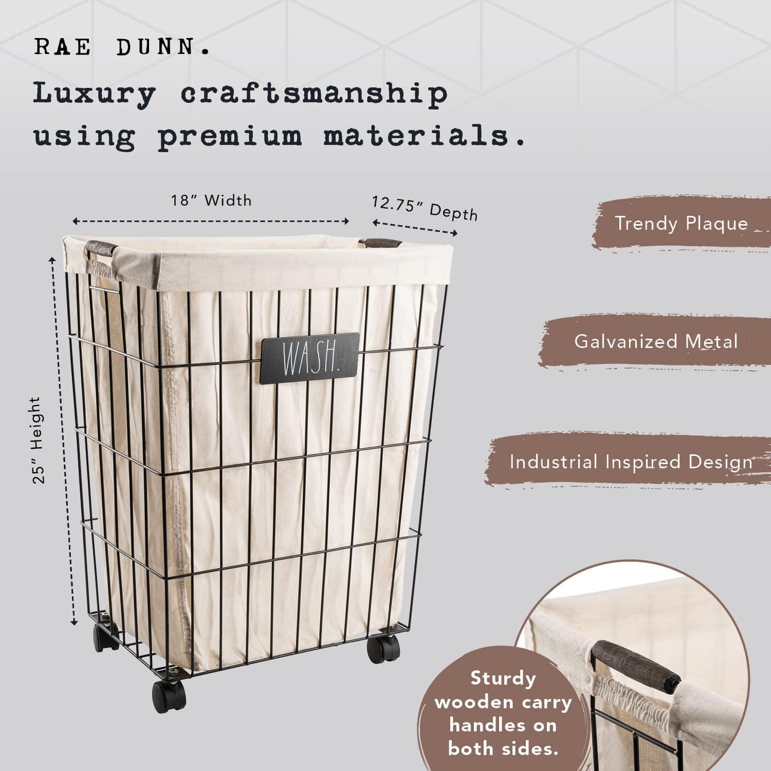 Black Metal Wire Laundry Hamper with Beige Cloth Liner and Wheels