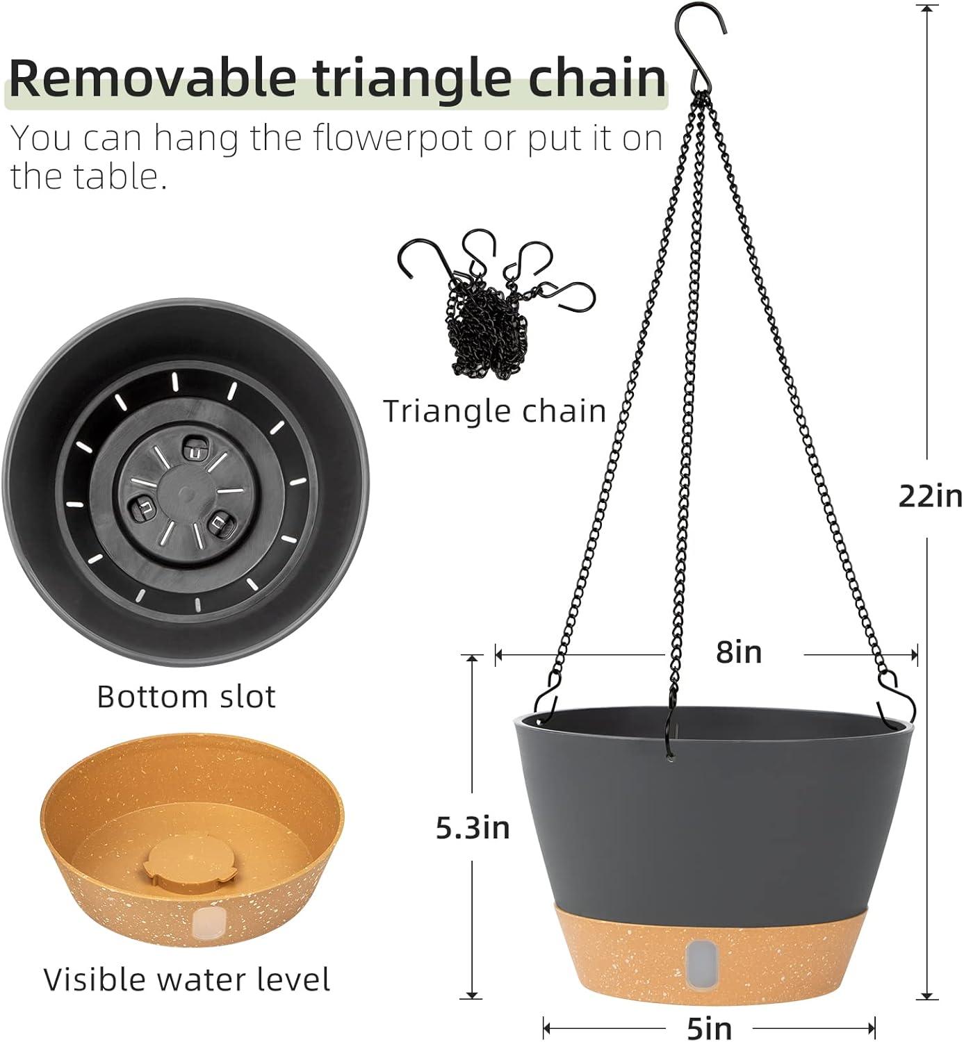 Dark Gray and Beige Plastic Hanging Planter with Reservoir Tray, 8-inch, 2-Pack