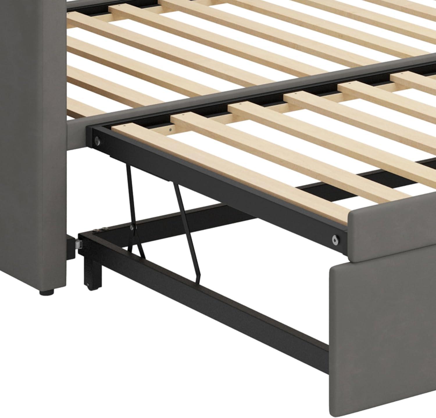 Upholstered Daybed with Extended Pop Up Trundle, Twin to King Size Velvet Sofa Bed Daybed with Soft Padded Armrests for Bedroom Guest Room Living Room (Gray-Pop)