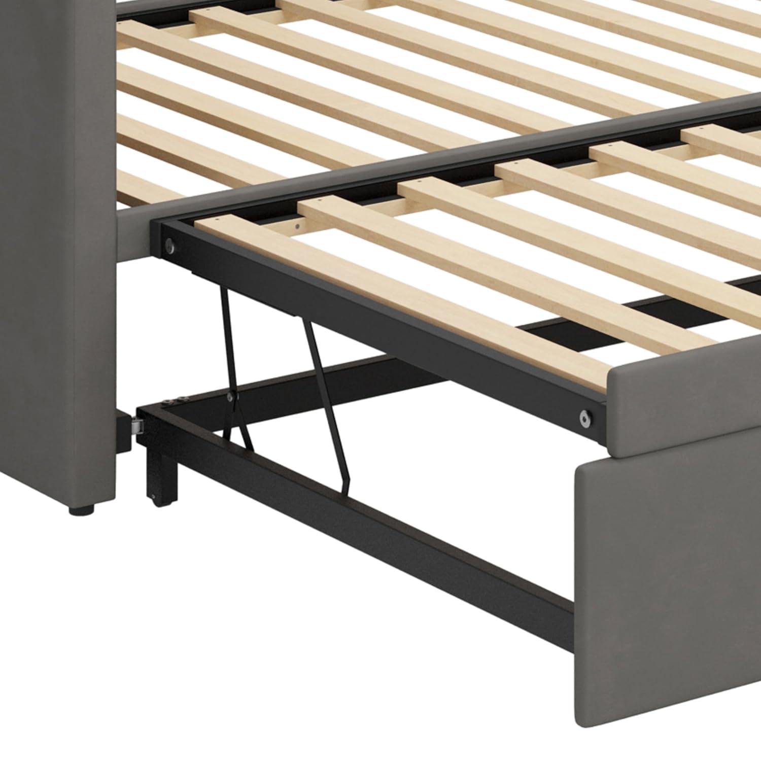 Upholstered Daybed with Extended Pop Up Trundle, Twin to King Size Velvet Sofa Bed Daybed with Soft Padded Armrests for Bedroom Guest Room Living Room (Gray-Pop)