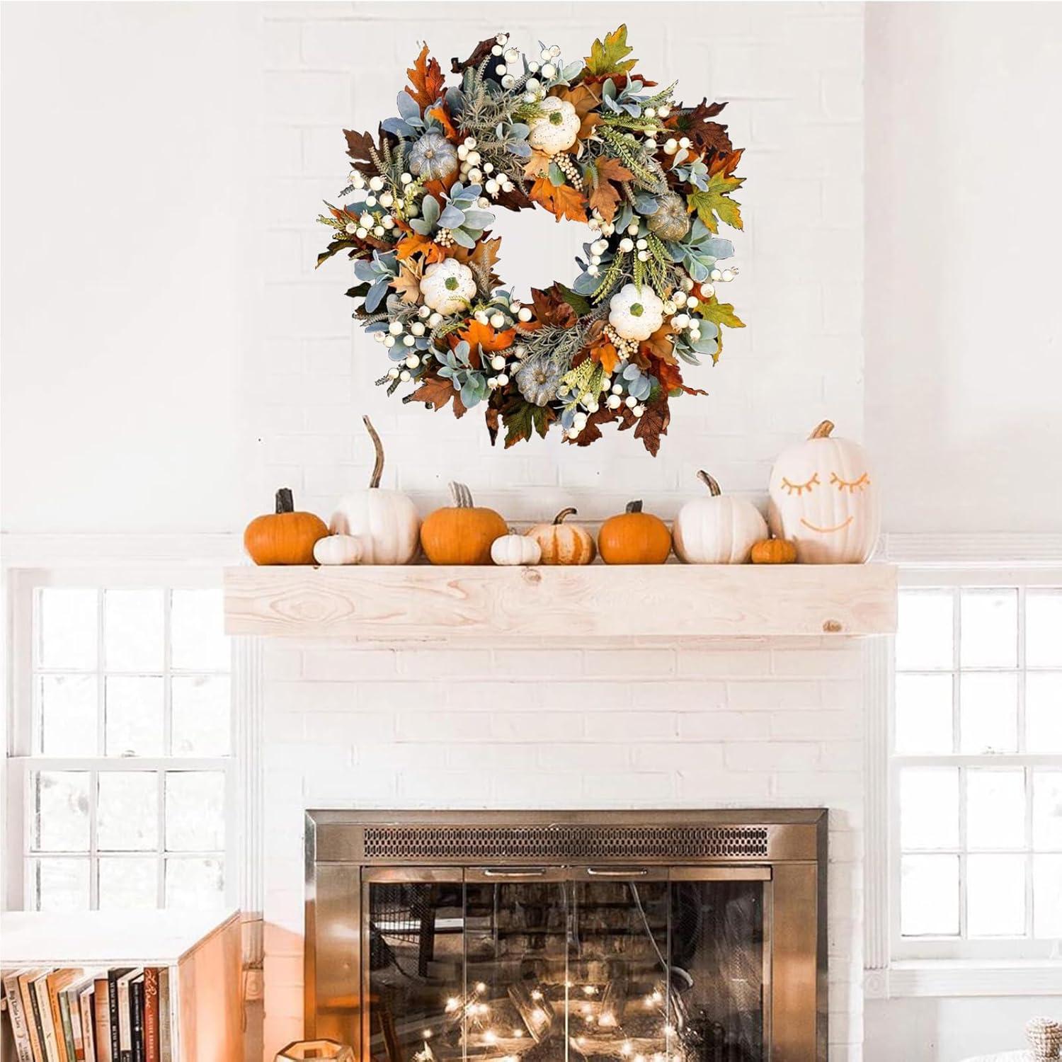 Artificial Fall Wreaths for Front Door Rustic Autumn Wreath with Pumpkin,Rose,Berry Branchesm,Mixed Leaves Thanksgiving Wreath Fall Door Wreath for Halloween Thanksgiving Indoor Outdoor Decor (A15.7)