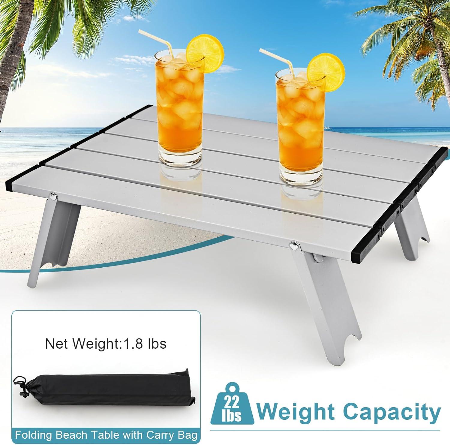 GYMAX Beach Chairs, 2-Pack Backpack Camping Chair with Armrest, Cooler Bag, Cup Holder, Towel Bar & Side Pockets, Sunbath Sling Tanning Lounge, Folding Layout Chairs (Blue Leaves, with Table)