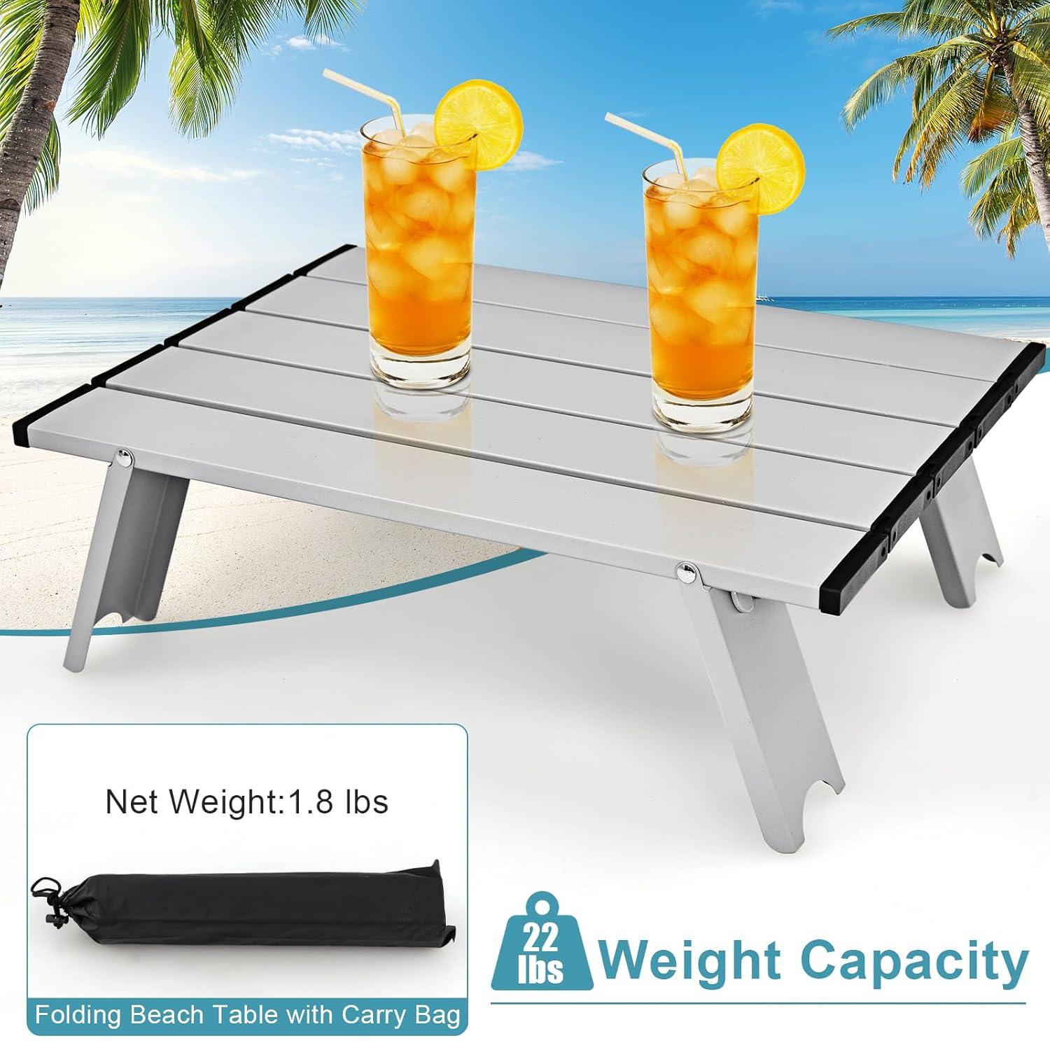 GYMAX Beach Chairs, 2-Pack Backpack Camping Chair with Armrest, Cooler Bag, Cup Holder, Towel Bar & Side Pockets, Sunbath Sling Tanning Lounge, Folding Layout Chairs (Blue Leaves, with Table)