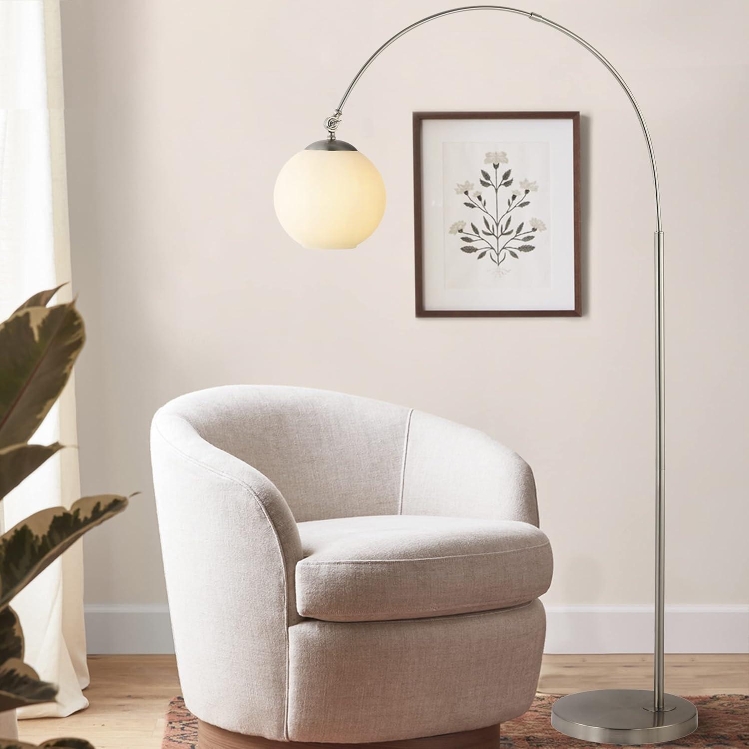 Nora Minimalistic Transitional Nickel Arc Floor Lamp with Frosted Shade