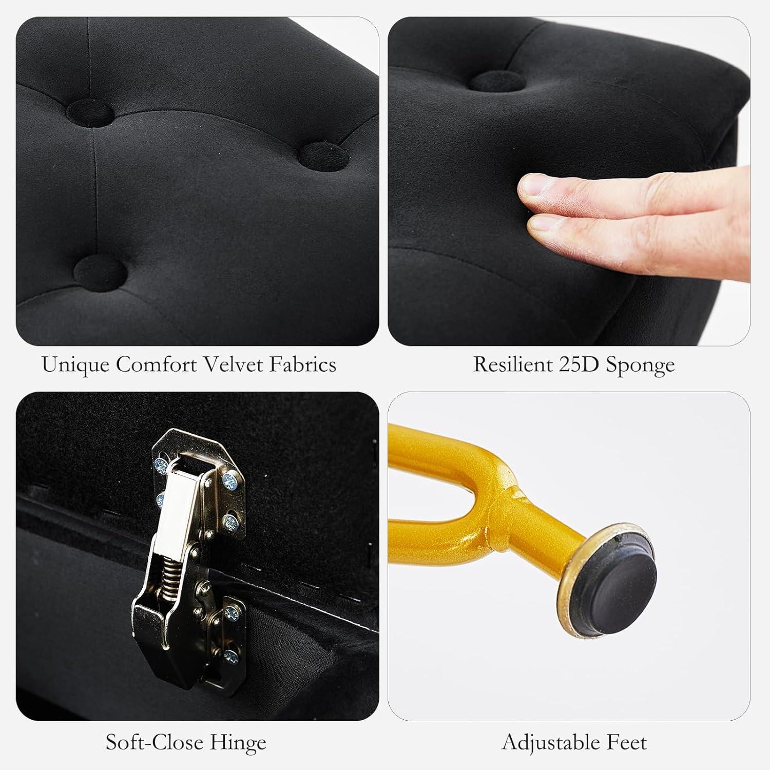 Vanity Stool Chair with Storage, Square Velvet Makeup Vanity Chair with Metal Legs & Adjustable Gold Feet, Flip Top Ottoman Foot Rest with Soft Padded Seat for Bedroom Living Room, Black