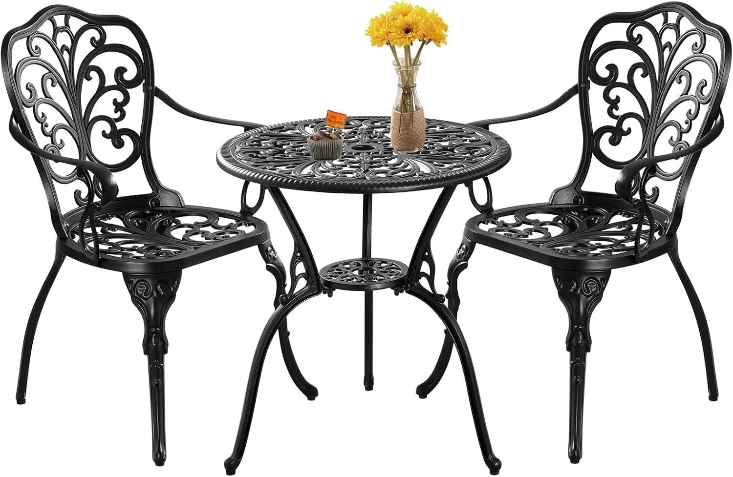 PATIO-IN 3 Piece Bistro Set Cast Aluminum Bistro Table and Chairs Set of 2 with Umbrella Hole,Patio Furniture Sets for Front Porch,Garden
