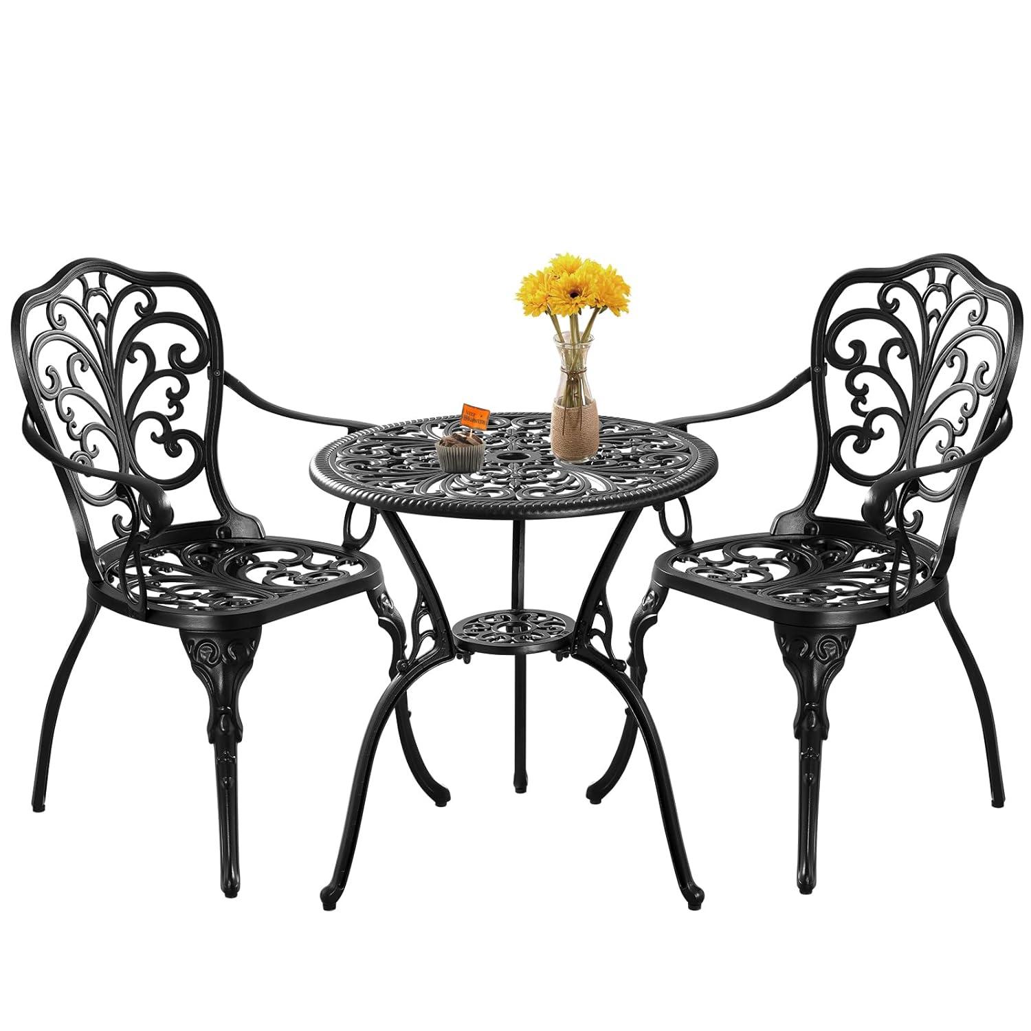 PATIO-IN 3 Piece Bistro Set Cast Aluminum Bistro Table and Chairs Set of 2 with Umbrella Hole,Patio Furniture Sets for Front Porch,Garden