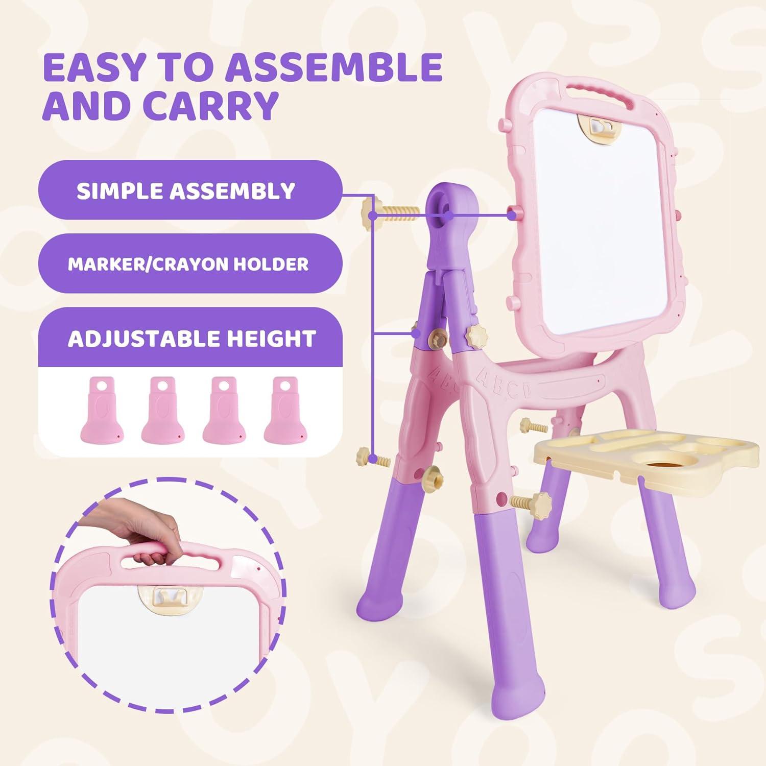 Easel for Kids, Adjustable Standing Art Easel for Toddler, Double Magnetic Drawing Board with Painting Accessories, Birthday Christmas Gift for Little Boys and Girls,  Pink