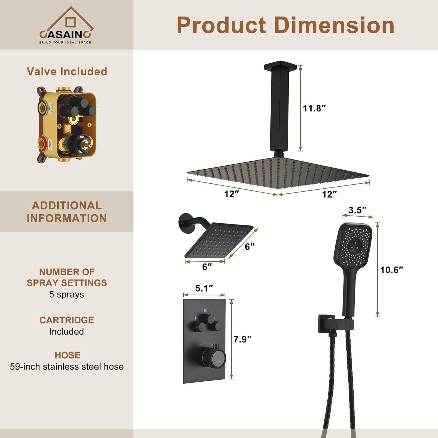 Rainfall Symphony 12inch 3-Function Dual Shower Head Thermostatic Shower System with 3 Sprays Handheld