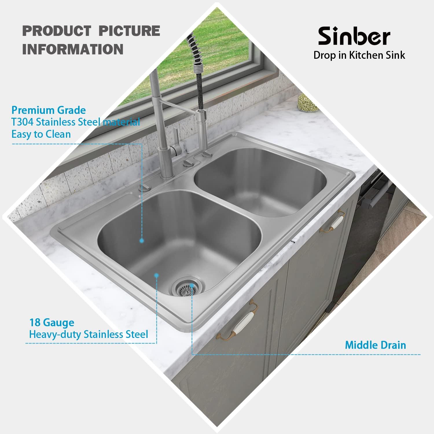 Sinber 33" x 22" Drop In Double Bowl Kitchen Sink with 18 Gauge 304 Stainless Steel Satin Finish