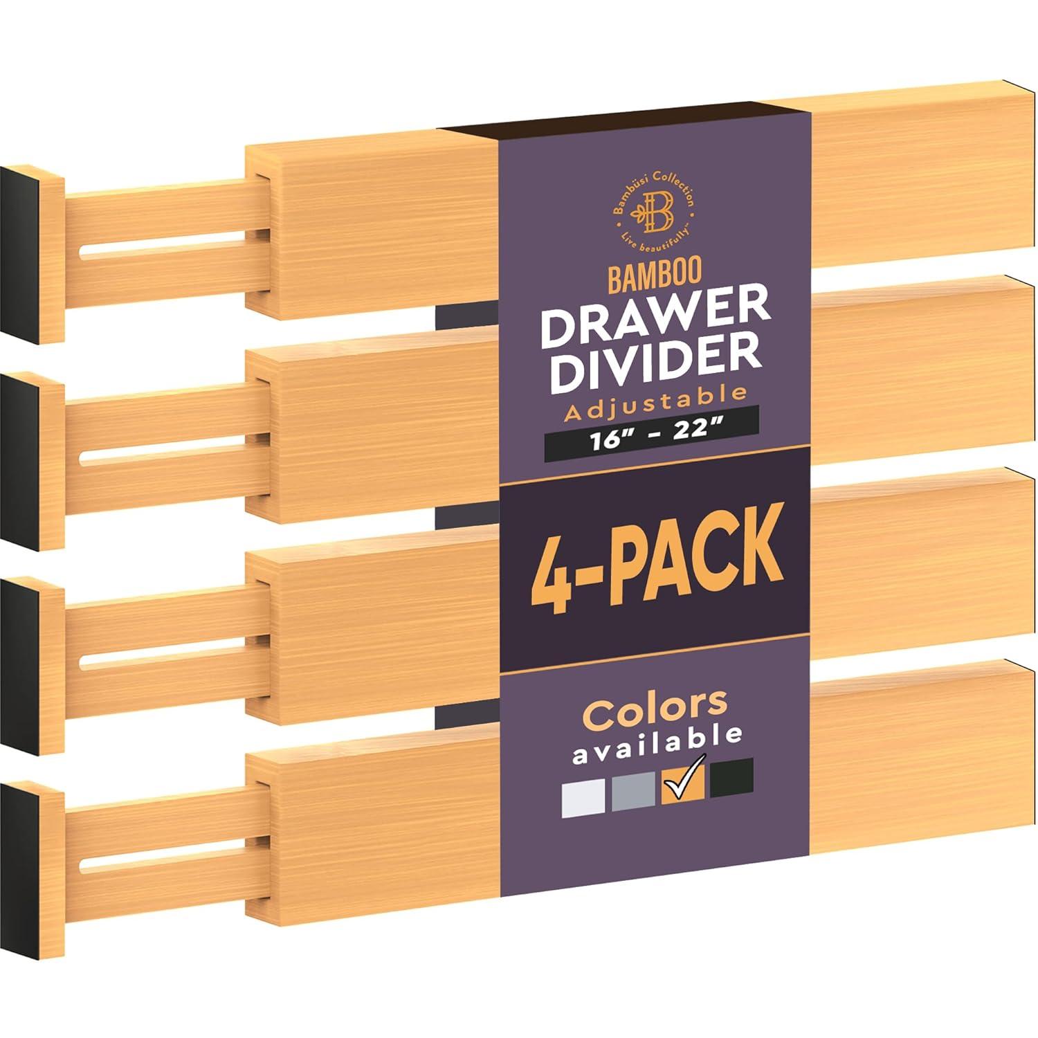 4-Pack Adjustable Bamboo Drawer Dividers – 16" to 22" Expandable Drawer Organizers for Kitchen, Bedroom, Bathroom, or Office - 2.6" Tall