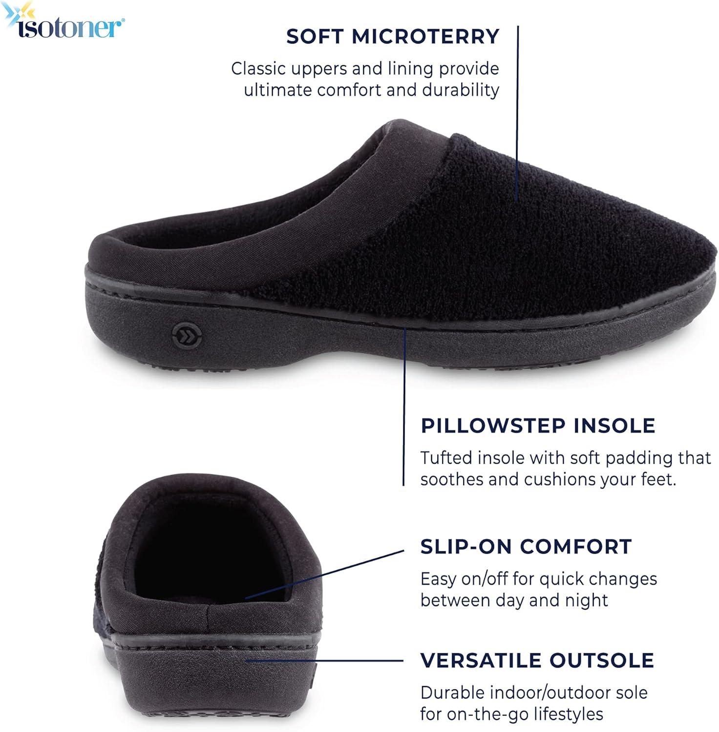 Isotoner Women's Terry and Satin Slip on Cushioned Slipper with Memory Foam for Indoor/Outdoor Comfort Flat Sandals BLK-8/9