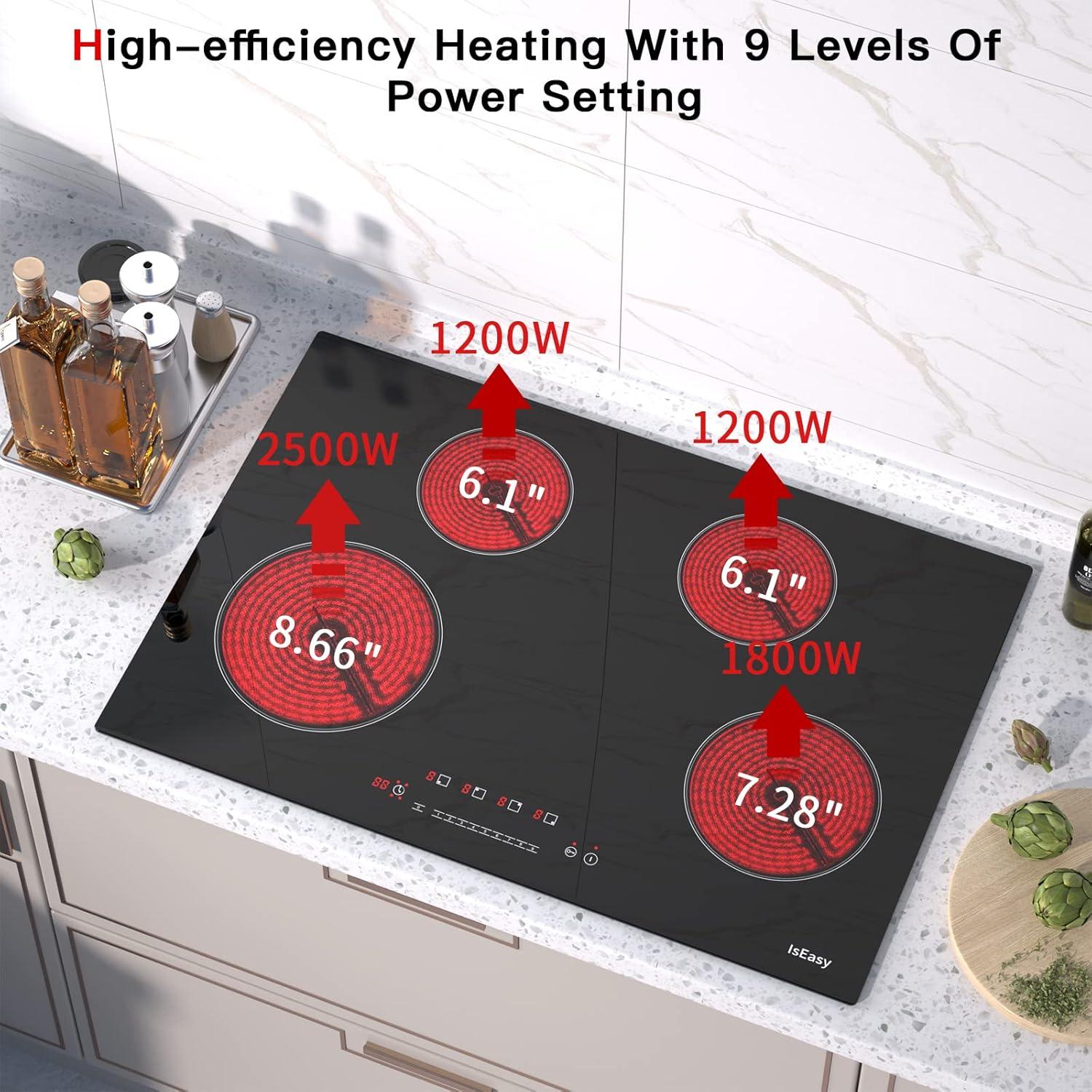IsEasy 4 Burner Electric Cooktop 30 Inch Built-In Ceramic Cooktop Top, Electric Radiant Cooktop with Pause Function, Electric Stove Top, 220-240V 7200W, 9 Power Levels, Flexible Heating Zones