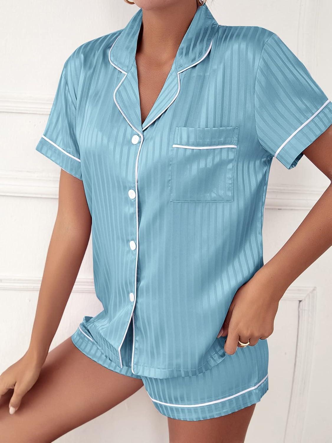 Blue Striped Satin Short Sleeve Pajama Set