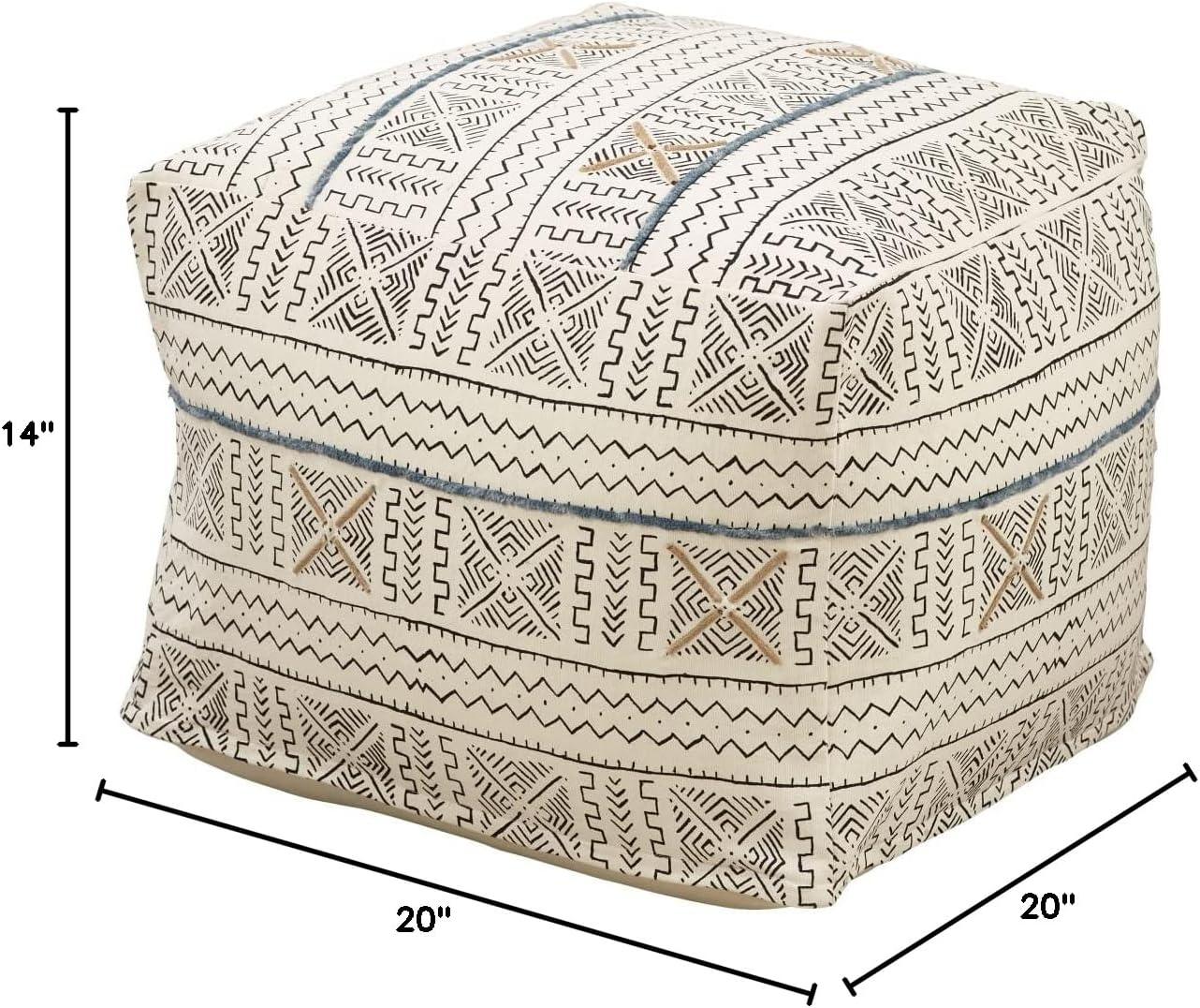 White Cotton Abstract Design Mudcloth Floor Pouf