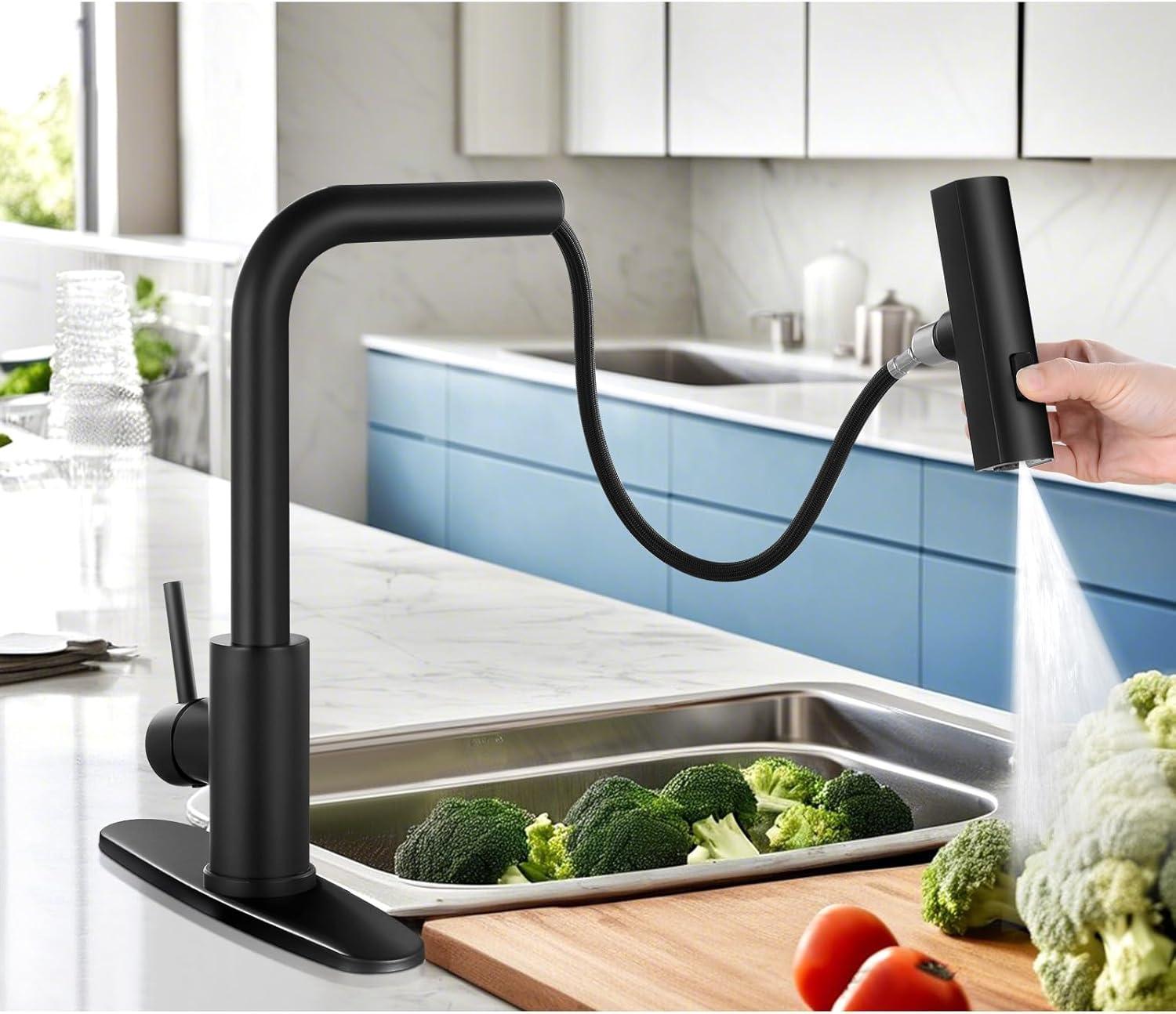 Kitchen Faucets With Pull Down Sprayer Matte Black Waterfall Rv Kitchen Sink Faucet With Sprayer 3-Mode Commercial High Arc Single Hole Or 3 Hole Stainless Steel Laundry Faucet With 360° Swivel