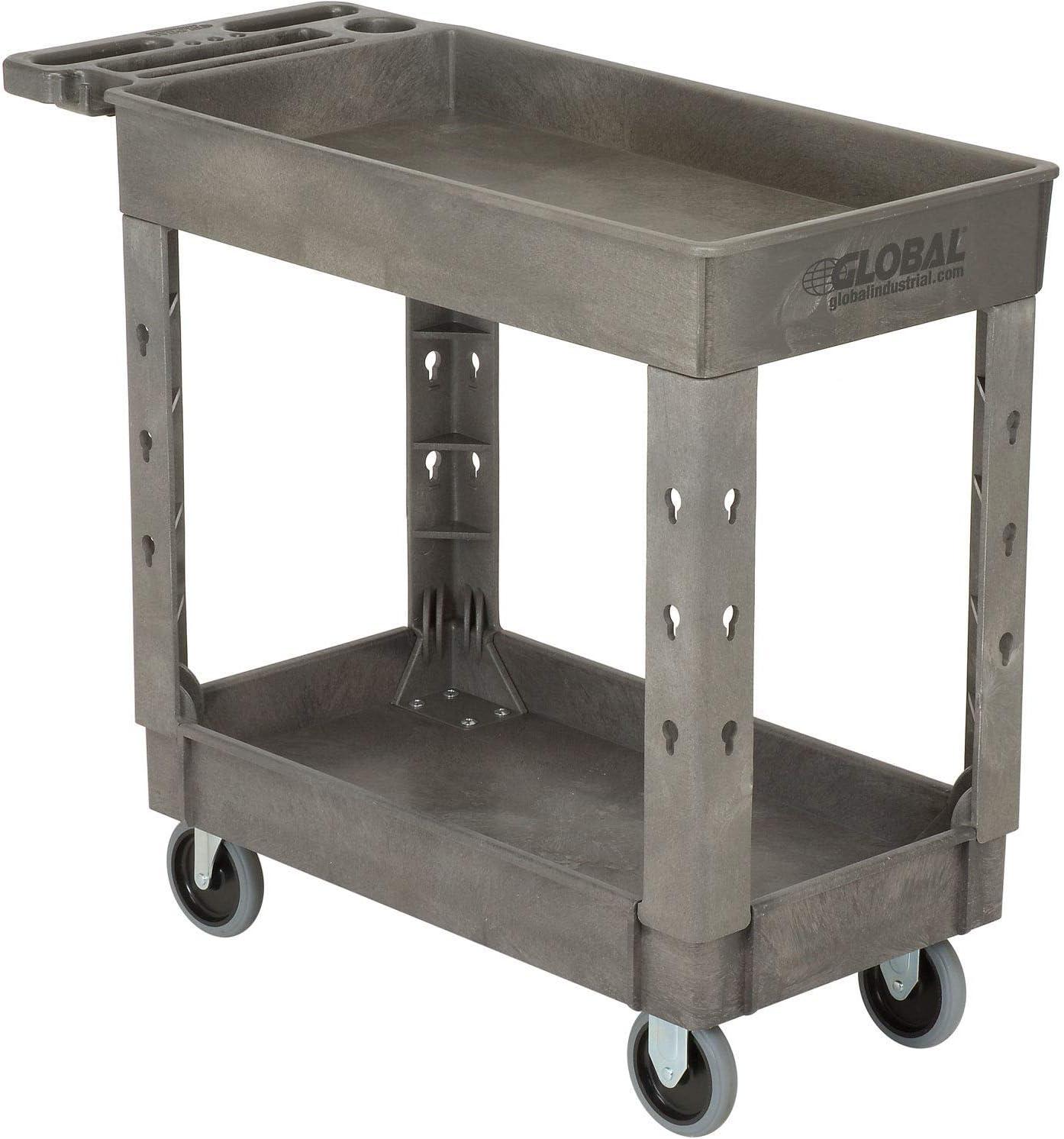 Gray Plastic 2-Shelf Utility Cart with Rubber Wheels