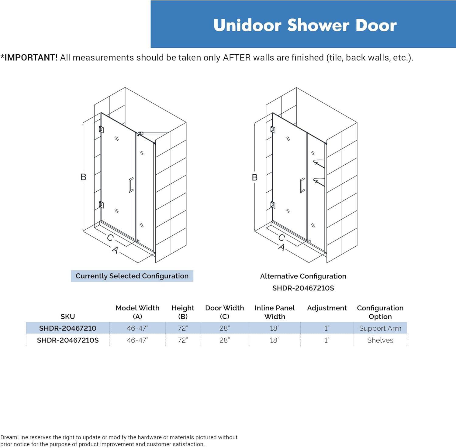 Unidoor 46" W x 72" H Hinged Frameless Shower Door