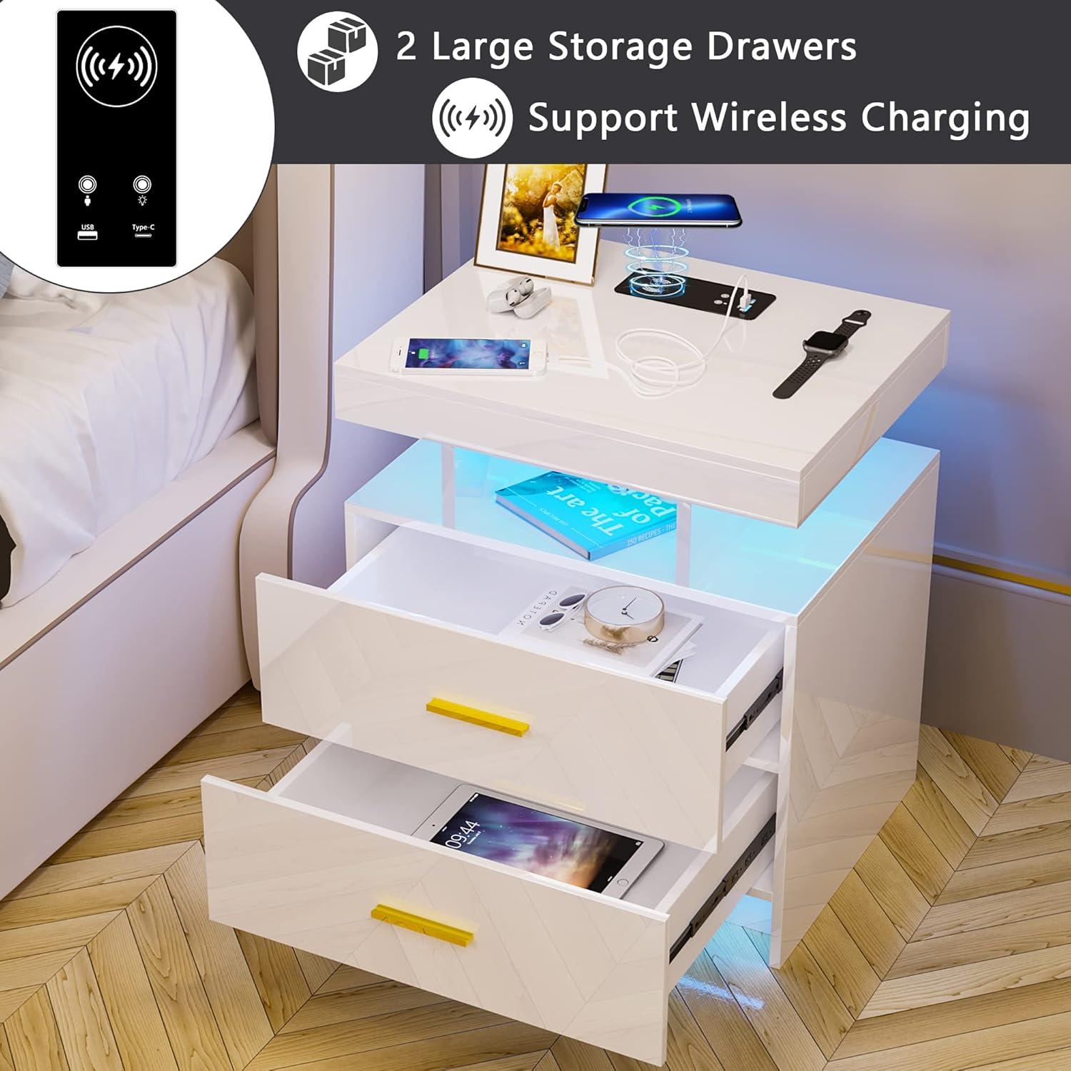 HNEBC Smart LED Nightstand with Wireless Charging & USB Ports, High Glossy Night Stand with 3 Drawers and 1 Pull-Out Tray, Modern Bedside Table with Human Sensor for Bedroom (White)