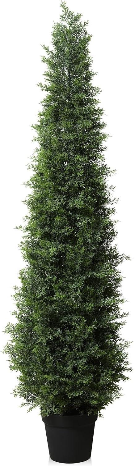 5ft Artificial Cedar Topiary Trees for Outdoors, Fake Cypress Plants with Solar Light String, Faux uv resistant Plants for Home Front Porch Decor, Housewarming Gift