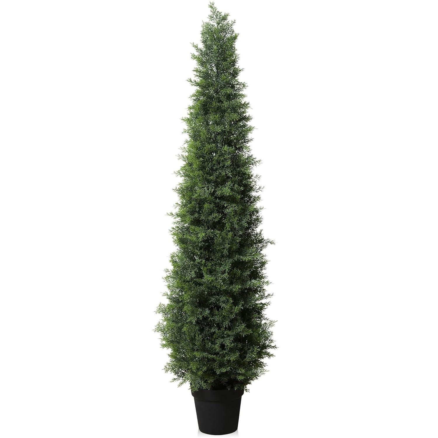 5ft Artificial Cedar Topiary Trees for Outdoors, Fake Cypress Plants with Solar Light String, Faux uv resistant Plants for Home Front Porch Decor, Housewarming Gift