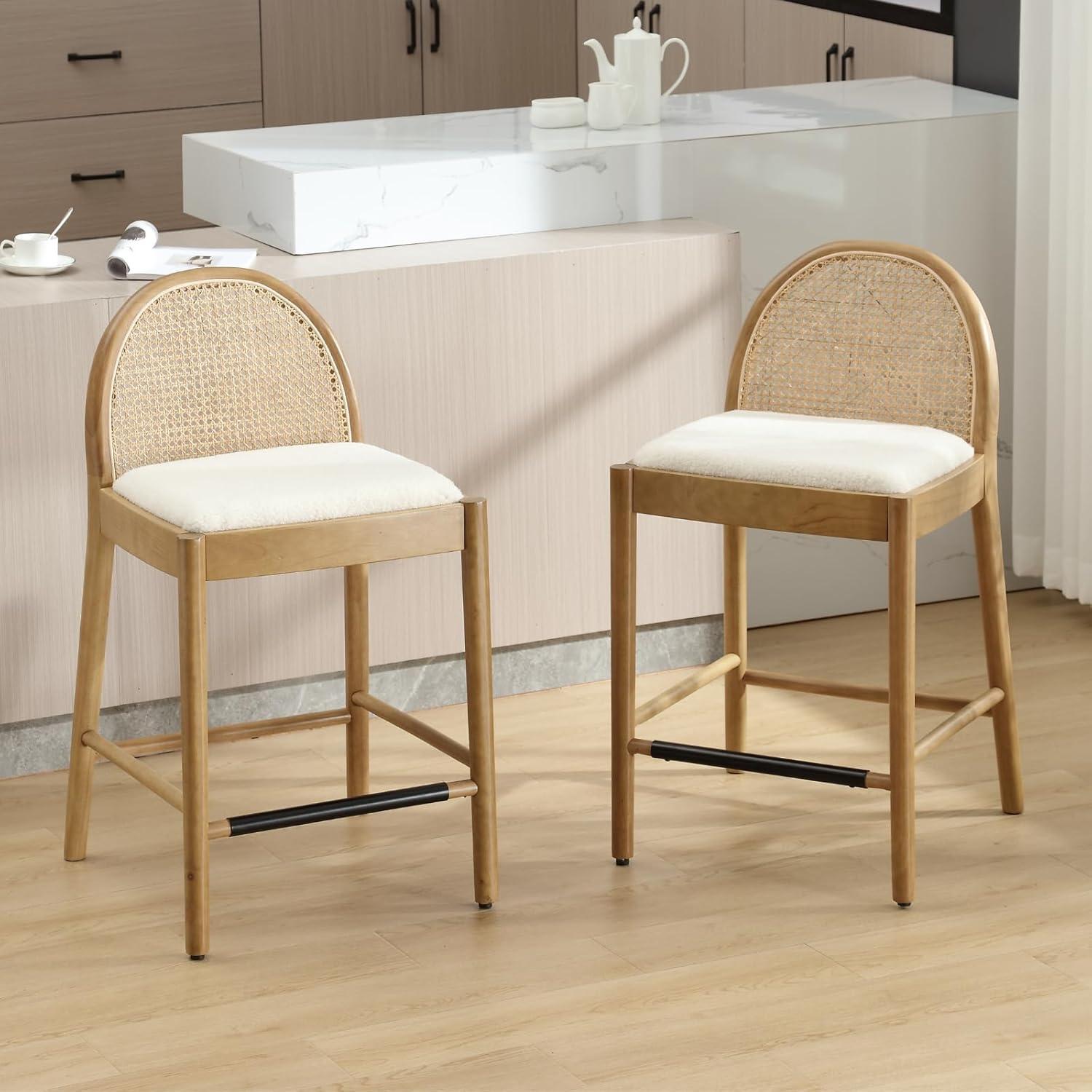 Bayou Breeze Emington Modern Bar Stools Counter Height Bar Stools with Rattan Backrests and Wood Frame (Set of 2)