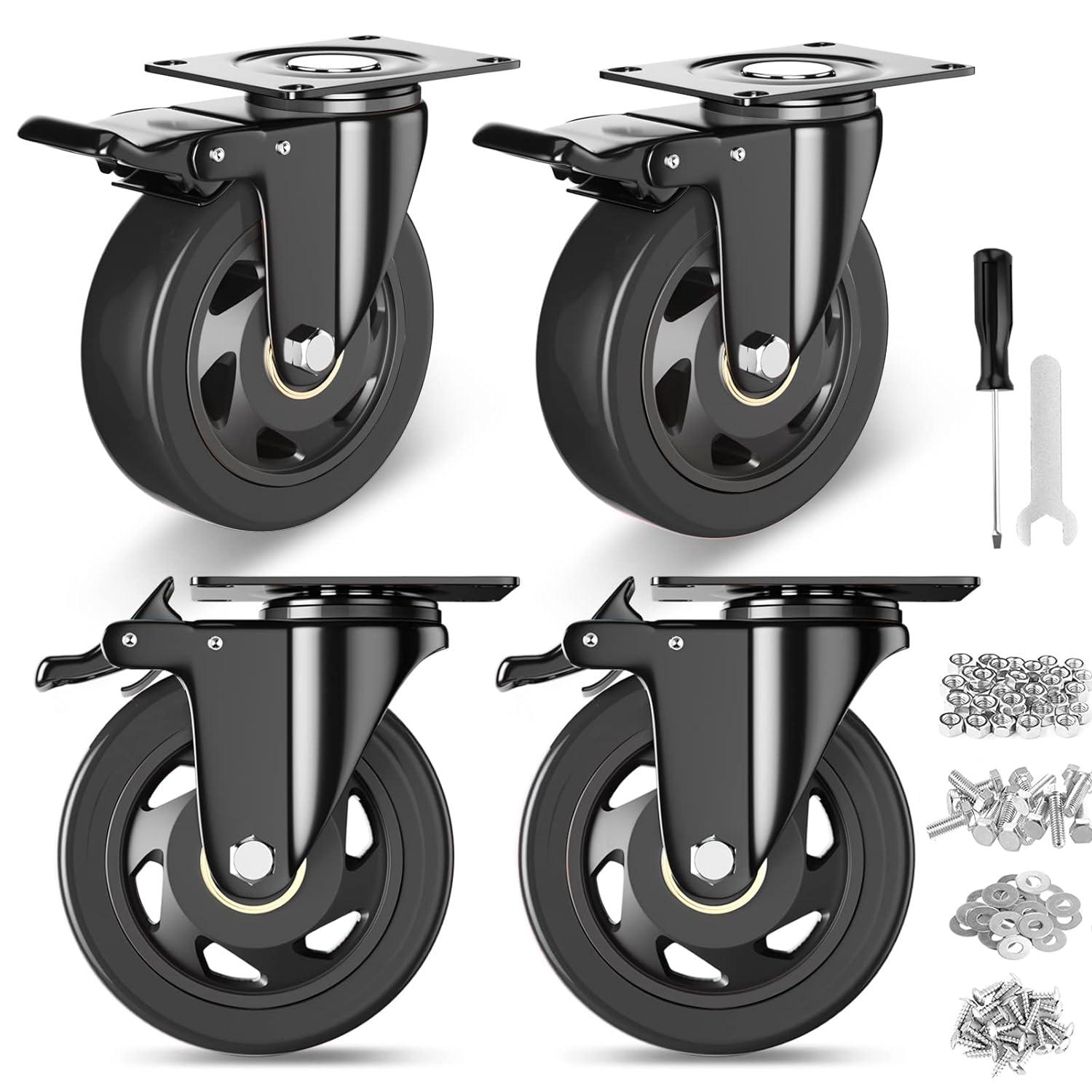 4-Inch Black Polyurethane Heavy Duty Caster Wheels Set