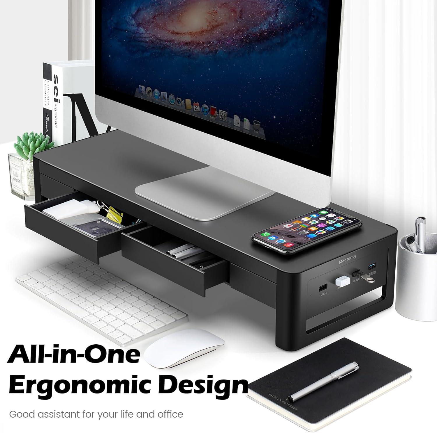 Black Metal Monitor Stand Riser with Storage Drawers and USB Ports