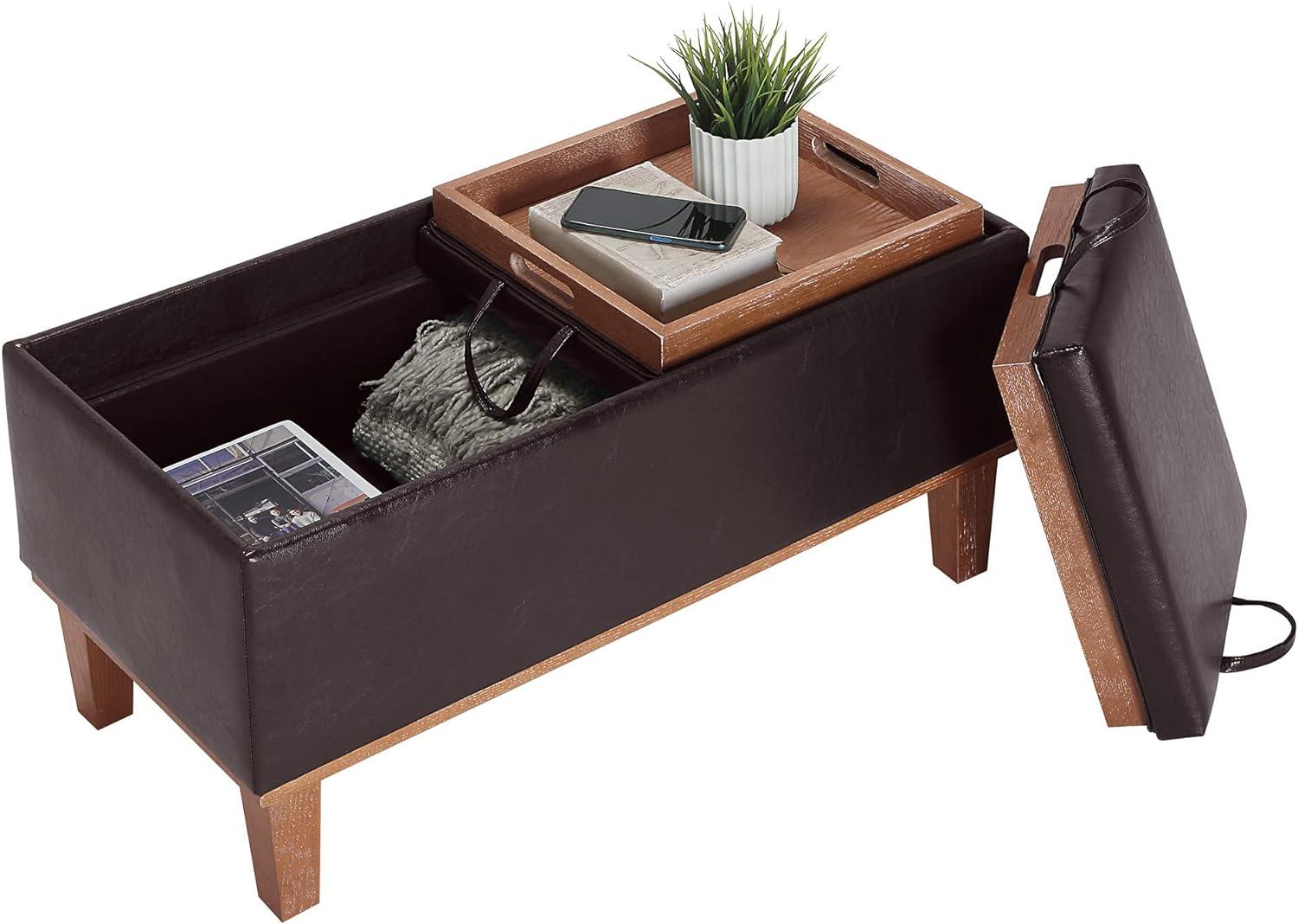 Espresso Faux Leather 35" Storage Ottoman with Reversible Tray