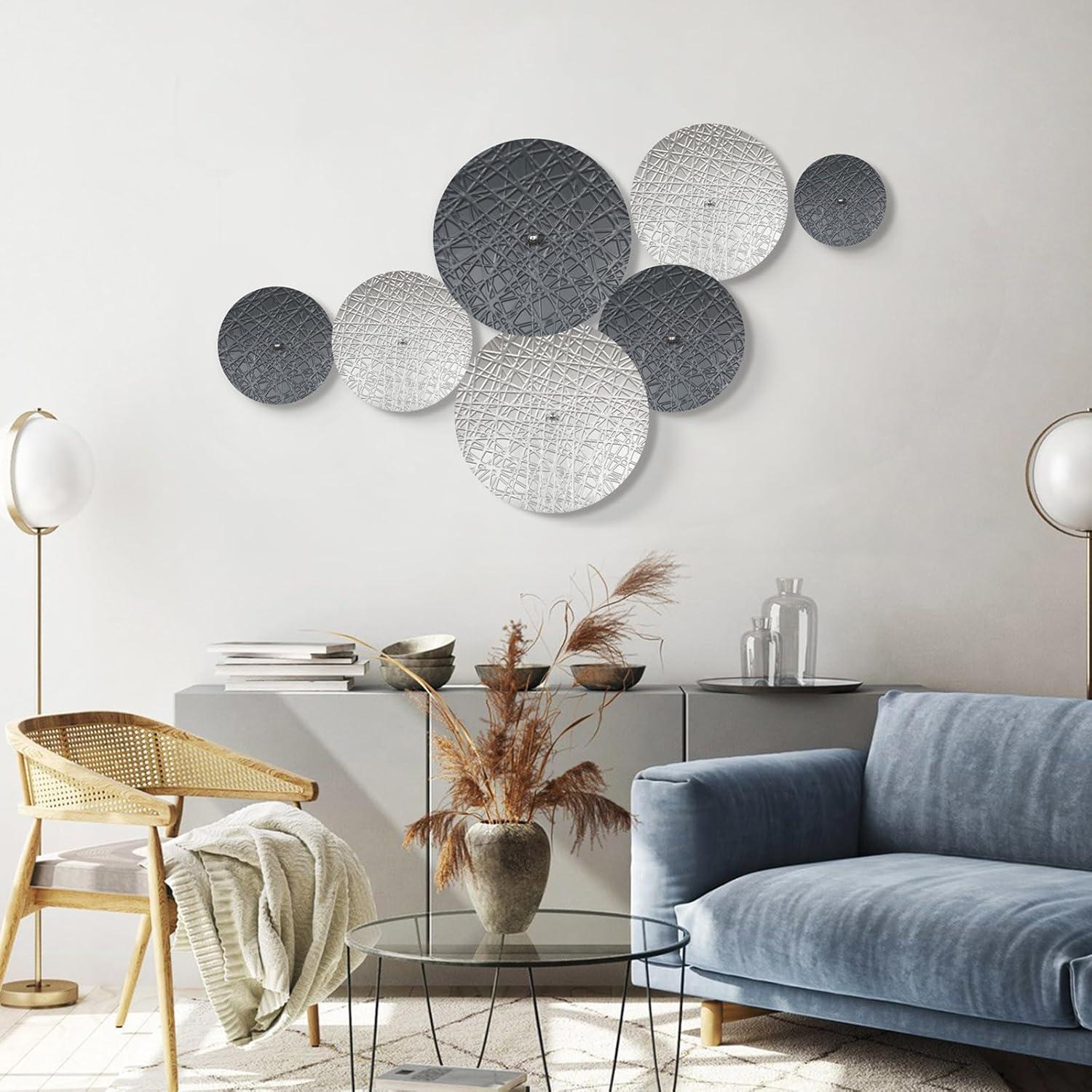 Silver And Grey Wall Decor For Living Room, 7PCS Metal Wall Art Hanging Sculptures For Office Dining Room Decoration, Modern Silver Home Decor For Apartment Bedroom New Home Gift