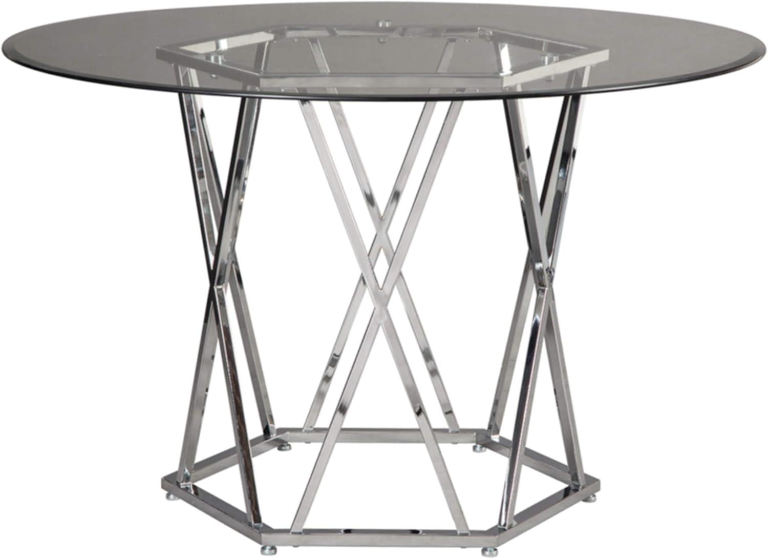 Signature Design by Ashley Madanere Round Dining Room Table Chrome: 4-Seat Glass Top, Pedestal Base, 47" Width