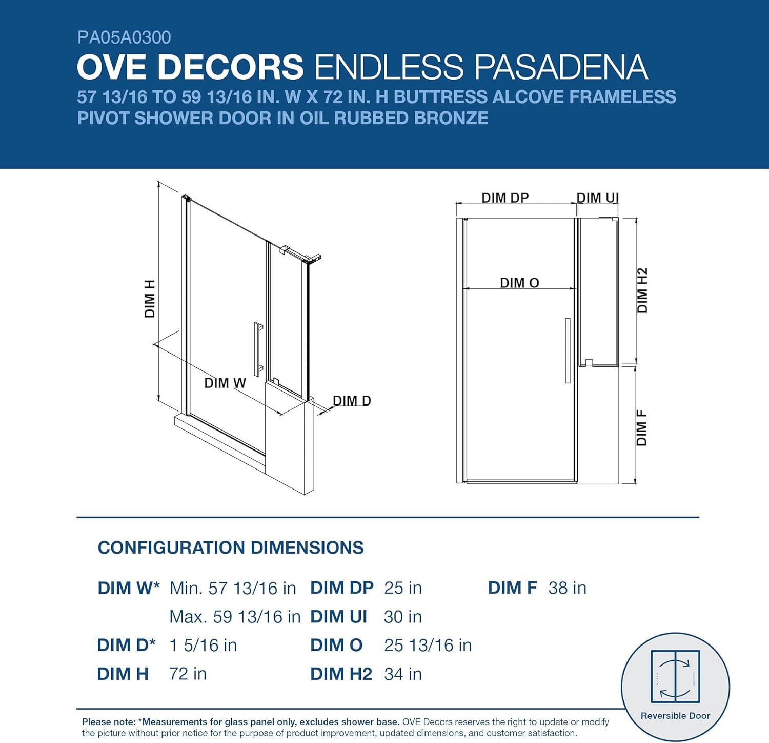 Endless Pasadena 59" W x 72" H Buttress Alcove Shower Kit, Door, Panel