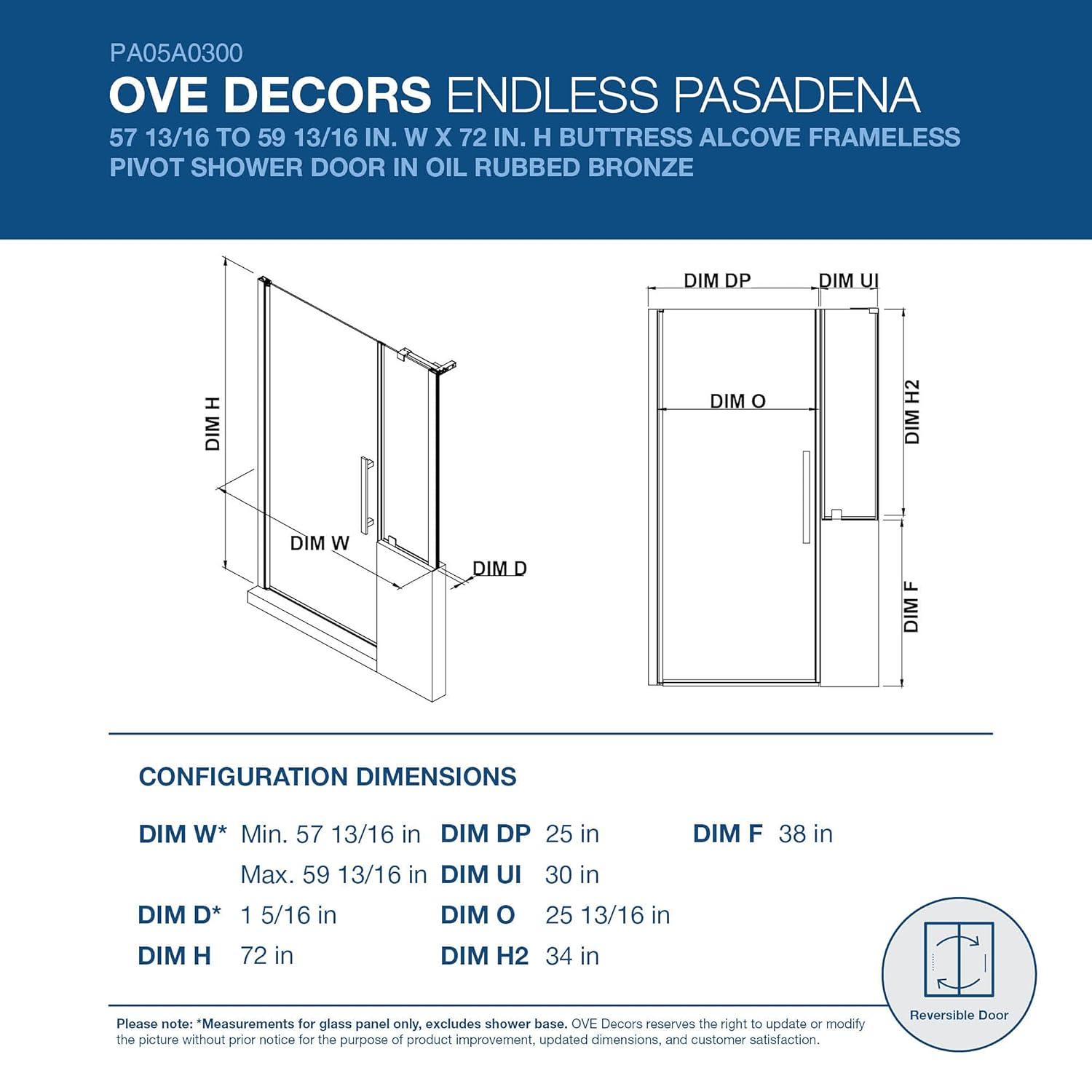Endless Pasadena 59" W x 72" H Buttress Alcove Shower Kit, Door, Panel