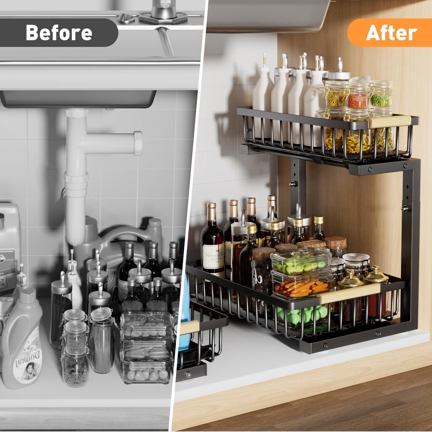 Rebrilliant Under Sink Organizer, 2 Tier Under Sink Organizers And Storage, Metal Slide Out Pull Out Cabinet Organizer ,2 Pack Sliding Drawer Organizer For Kitchen Bathroom Pantry